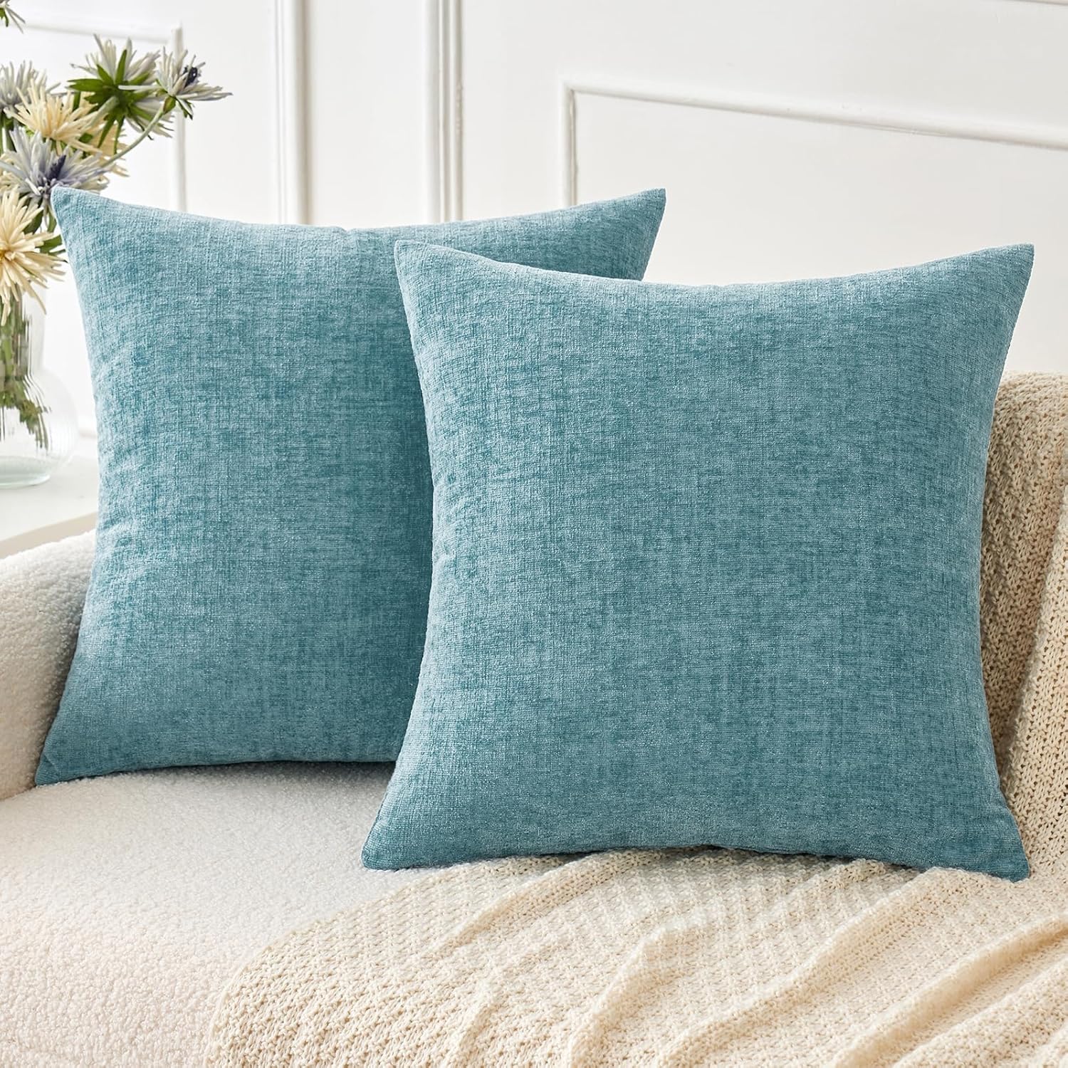MIULEE Pack of 2 Couch Throw Pillow Covers 18x18 Inch Spring Soft Sage Green Chenille Pillow Covers for Sofa Living Room Solid Dyed Pillow Cases