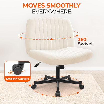 Chair Wheels Wide Cross Legged Office Desk Vanity Chair Comfy Fabric Armless Adjustable Swivel for Home Computer Task (Beige Wheel, Fabric)
