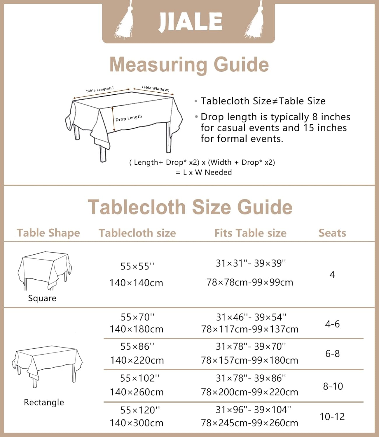 Tablecloths for Rectangle Tables, Cotton Linen Table Cloth Waterproof Tablecloth Wrinkle Free Farmhouse Dining Tables Cover, Soft Fabric Table Cloths with Tassels, Brown, 55" X 70", 4-6 Seats