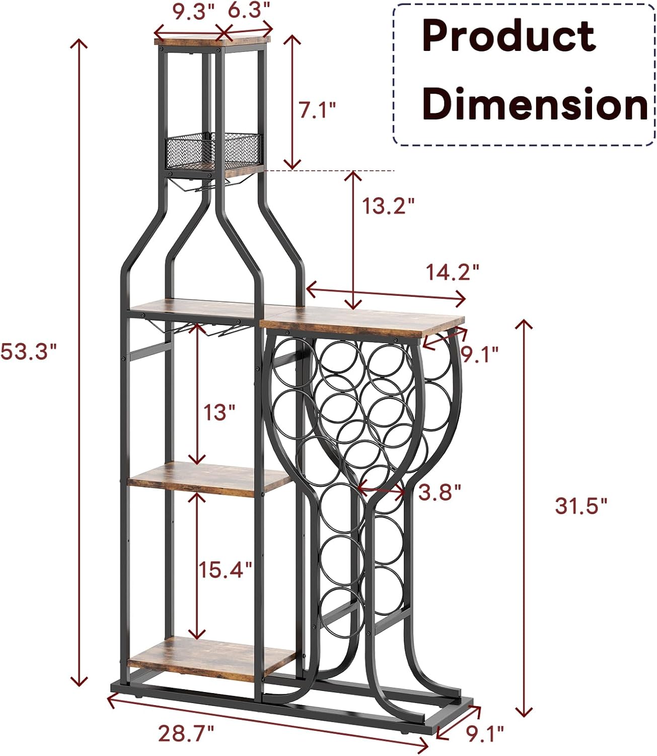 HavenlyYouth Liquor Cabinet for Home Bar, 5-Tier Wine Rack Freestanding Floor with Wine Glass Holder, Mini Bar Stand with 11 Wine Bottles, Bar Table with Storage for Living Room, Kitchen