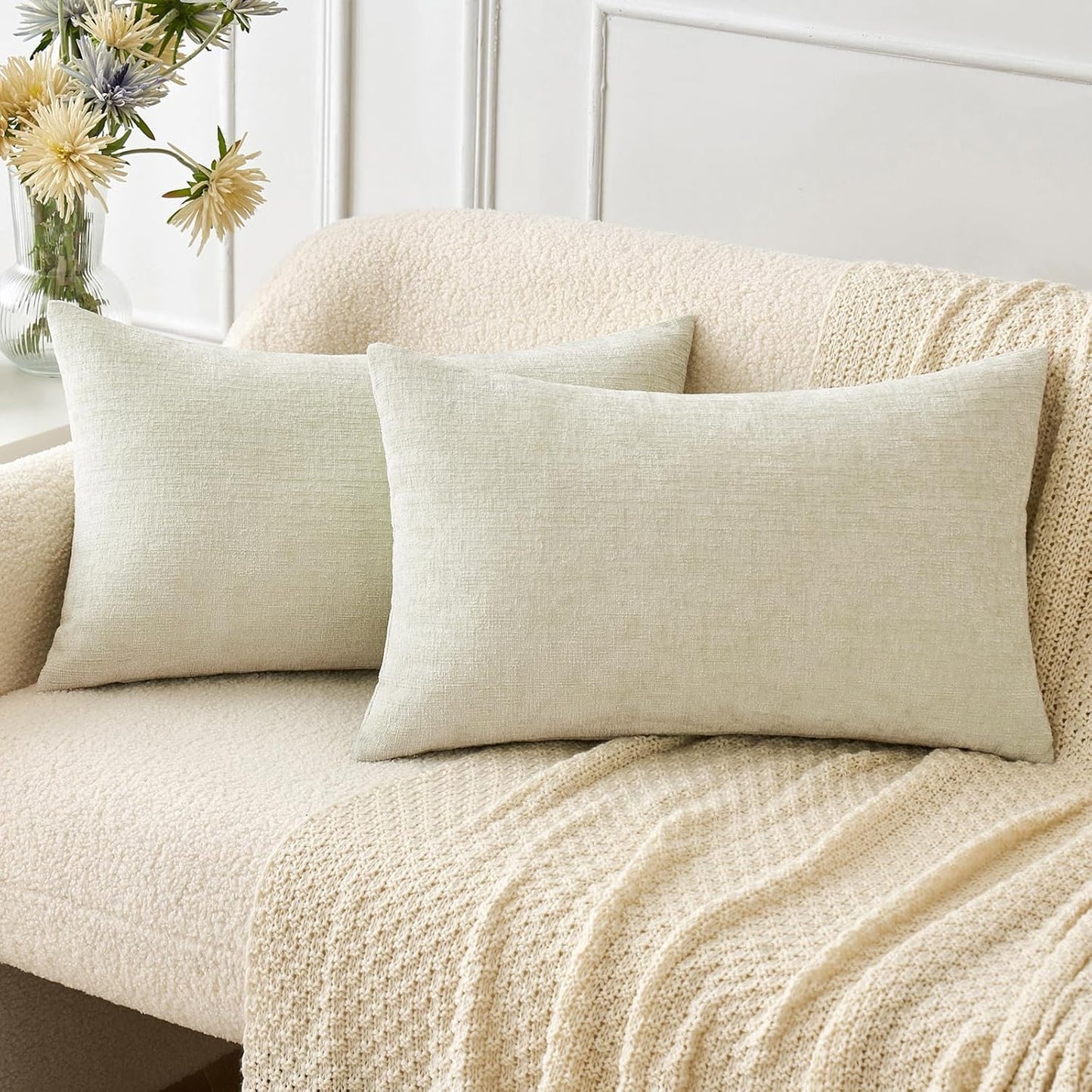 MIULEE Pack of 2 Couch Throw Pillow Covers 18x18 Inch Spring Soft Sage Green Chenille Pillow Covers for Sofa Living Room Solid Dyed Pillow Cases