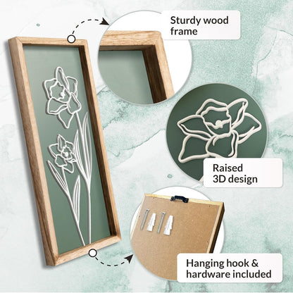 3D Floral Green Wall Art (Set of 2) Lightweight, Wooden Ready-to-Hang Boho Framed Wall Art for Bathroom, Bedroom, Living Room or Office – Premium Sage Green Farmhouse Decor – Gift-Boxed