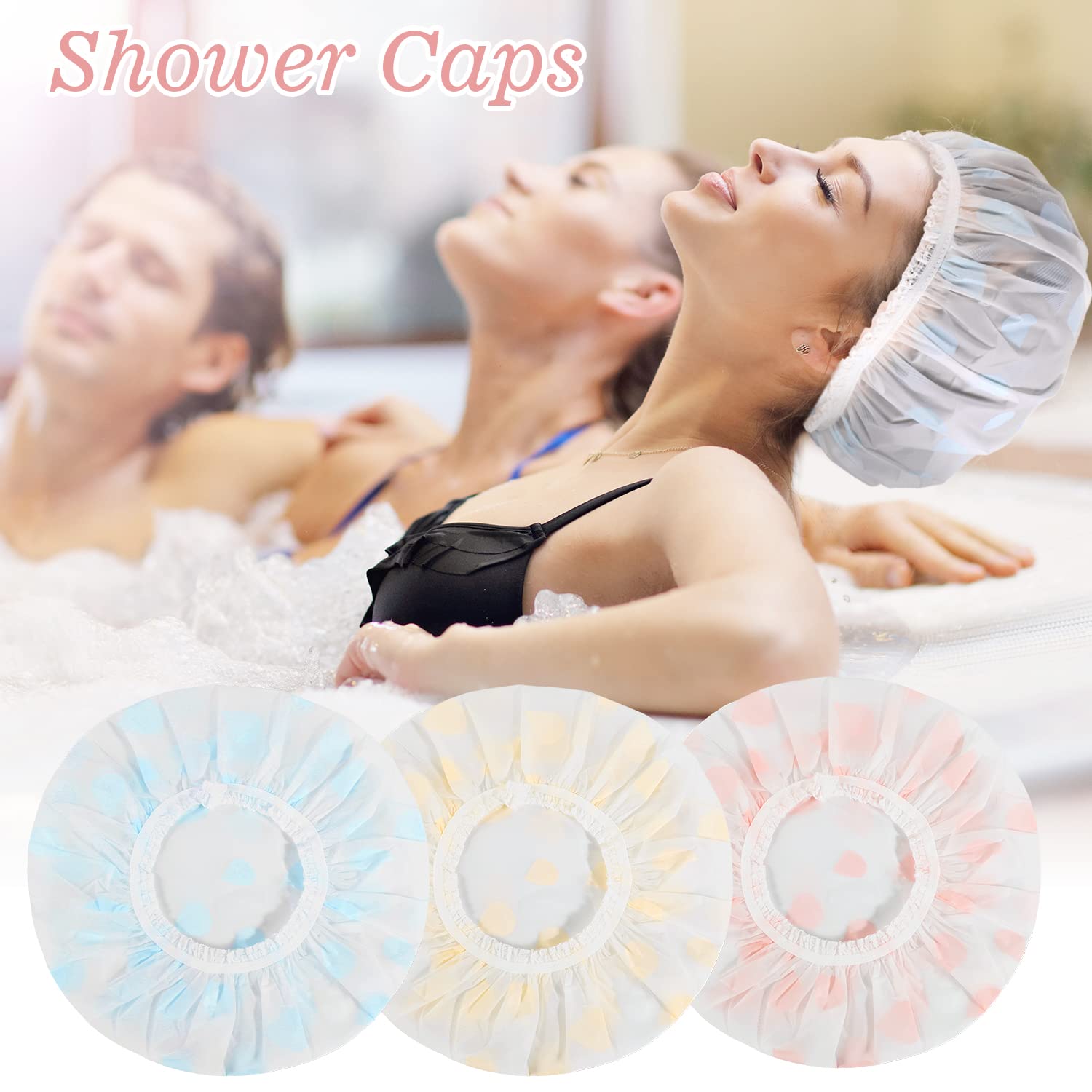 Shower Caps, 3 Pcs Plastic Reusable Shower Caps Elastic Band Bath Caps for Women Ladies Spa Salon