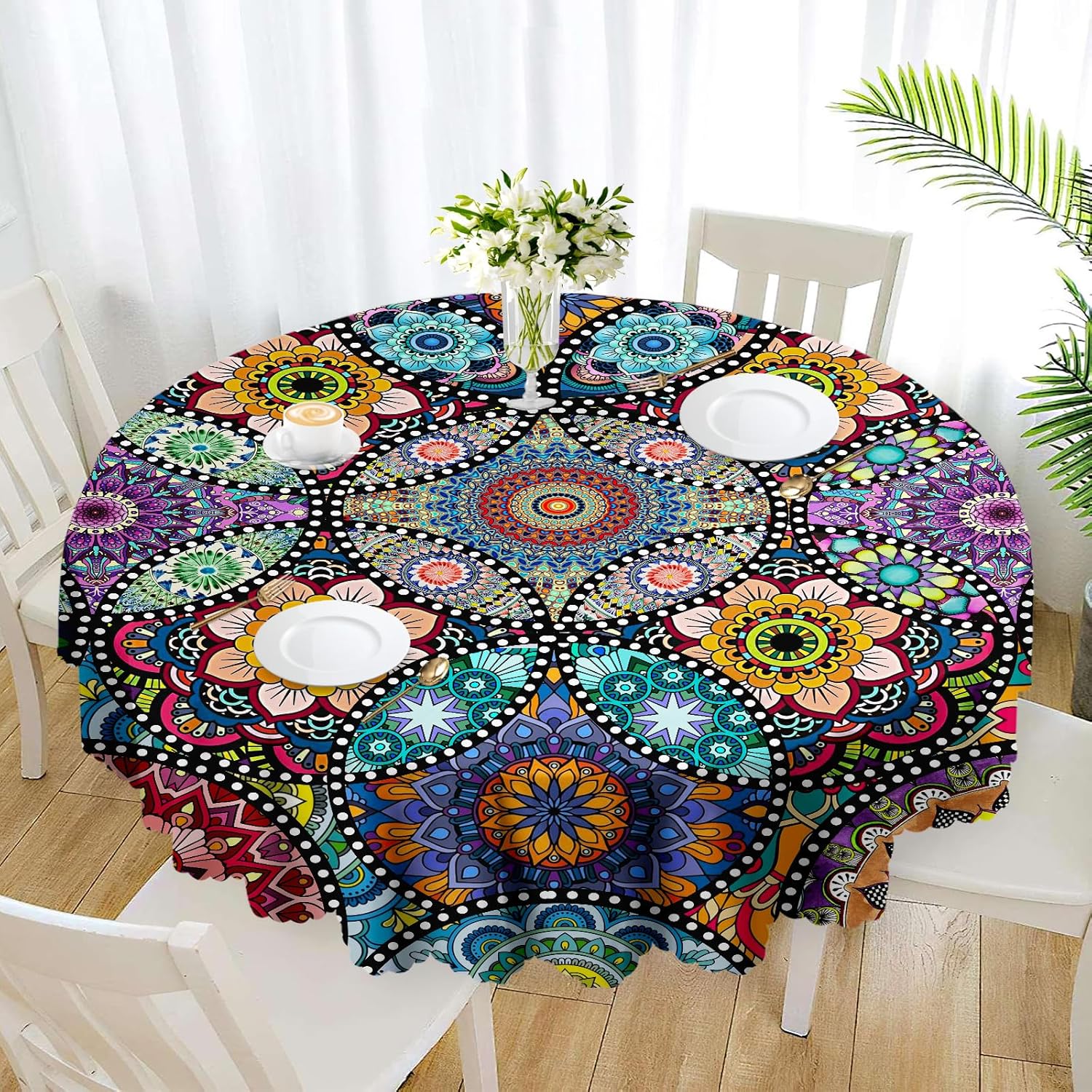 Round Tablecloth, Summer Tablecloths Polyester Waterproof Stain Wrinkle Free, Indoor and Outdoor Table Cover for Kitchen Party Dining Table