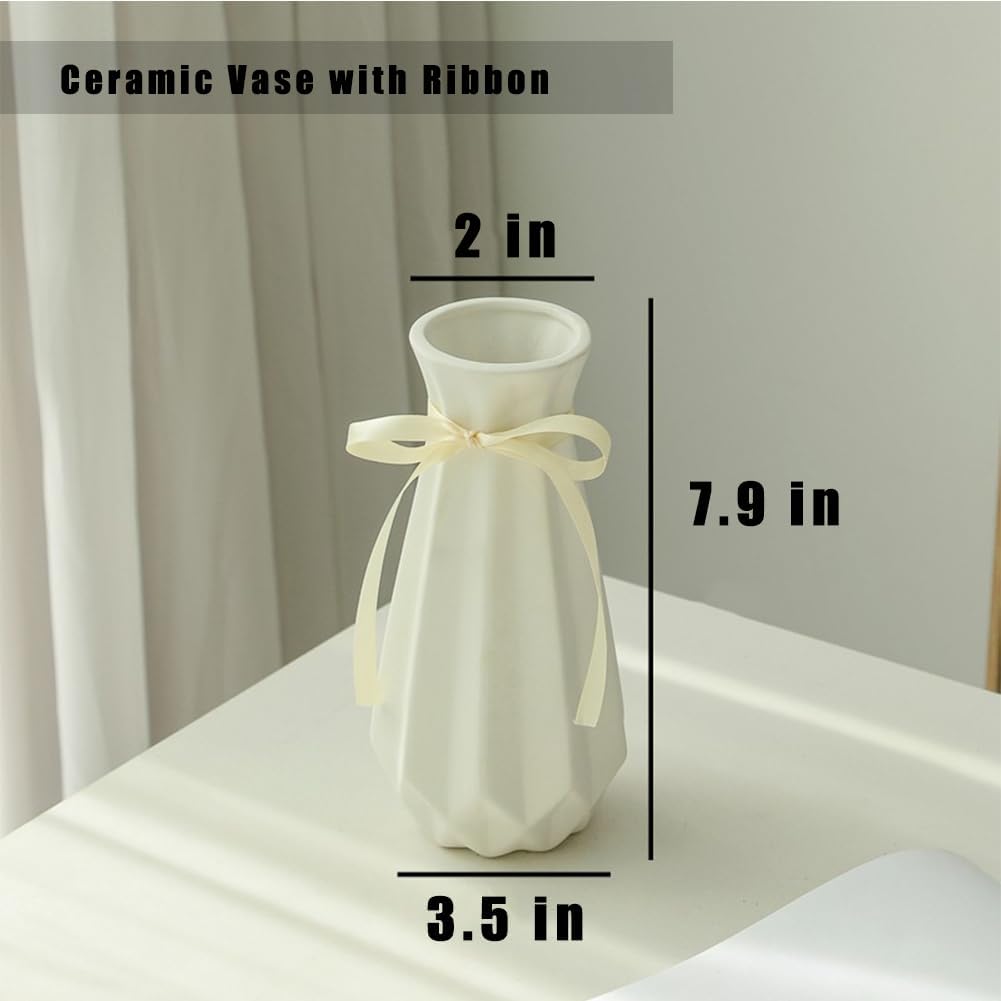 Ceramic Vase with Ribbon, 7.9" H, Artistic Design Flower Vase Geometrical Style for Modern Home Decoration