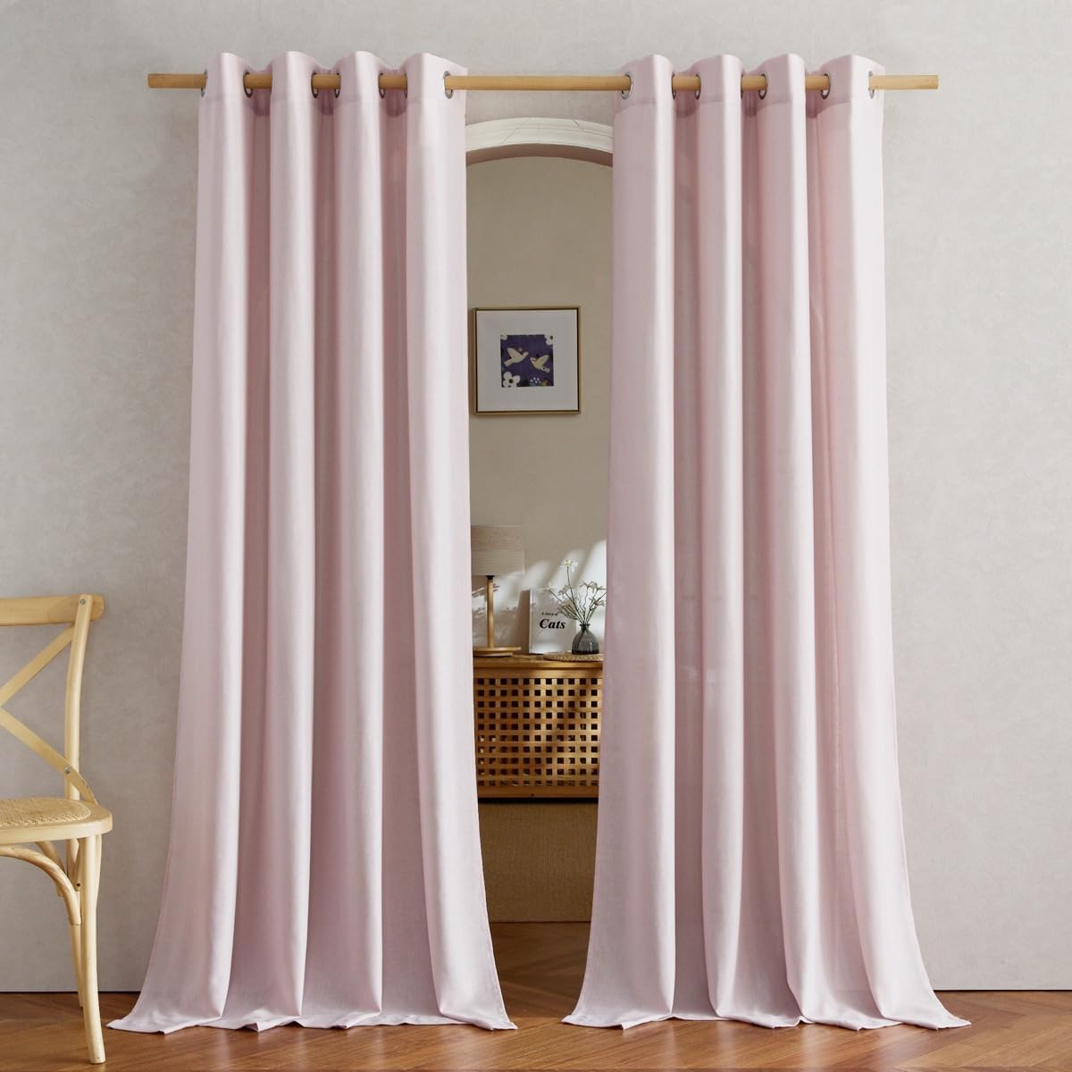 Natural Linen Curtains 84 inch Long 2 Panels Set, Grommet Top Thick Linen Burlap Semi Sheer Vertical Drapes Privacy Assured with Light Filtering for Bedroom/Living Room, W55 x L84