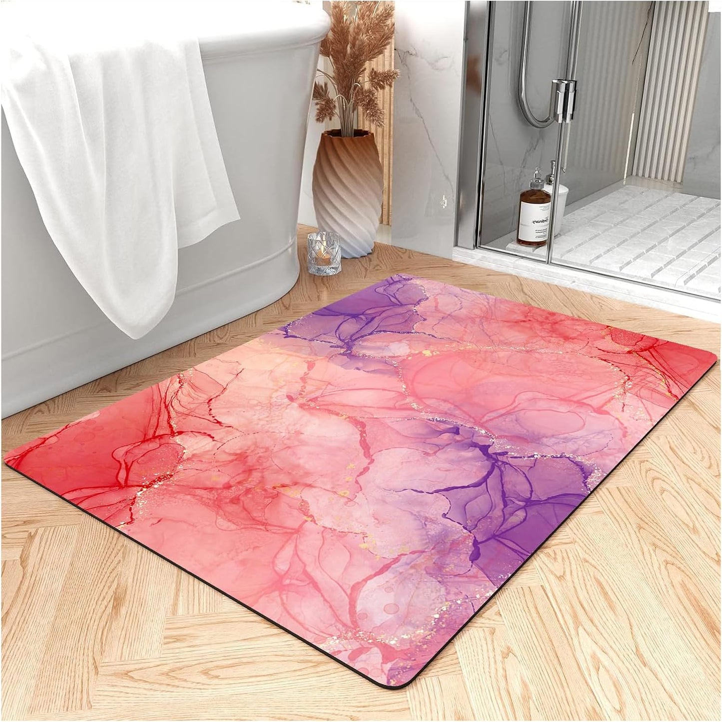 Thin Bath Mat, Diatomaceous Earth Shower Mat Non Slip Instantly Removes Water Drying Fast Bathroom Mat Modern Abstract Wave Marble Texture Easy to Clean (3x5ft/36x60in/90x150cm, Pink)