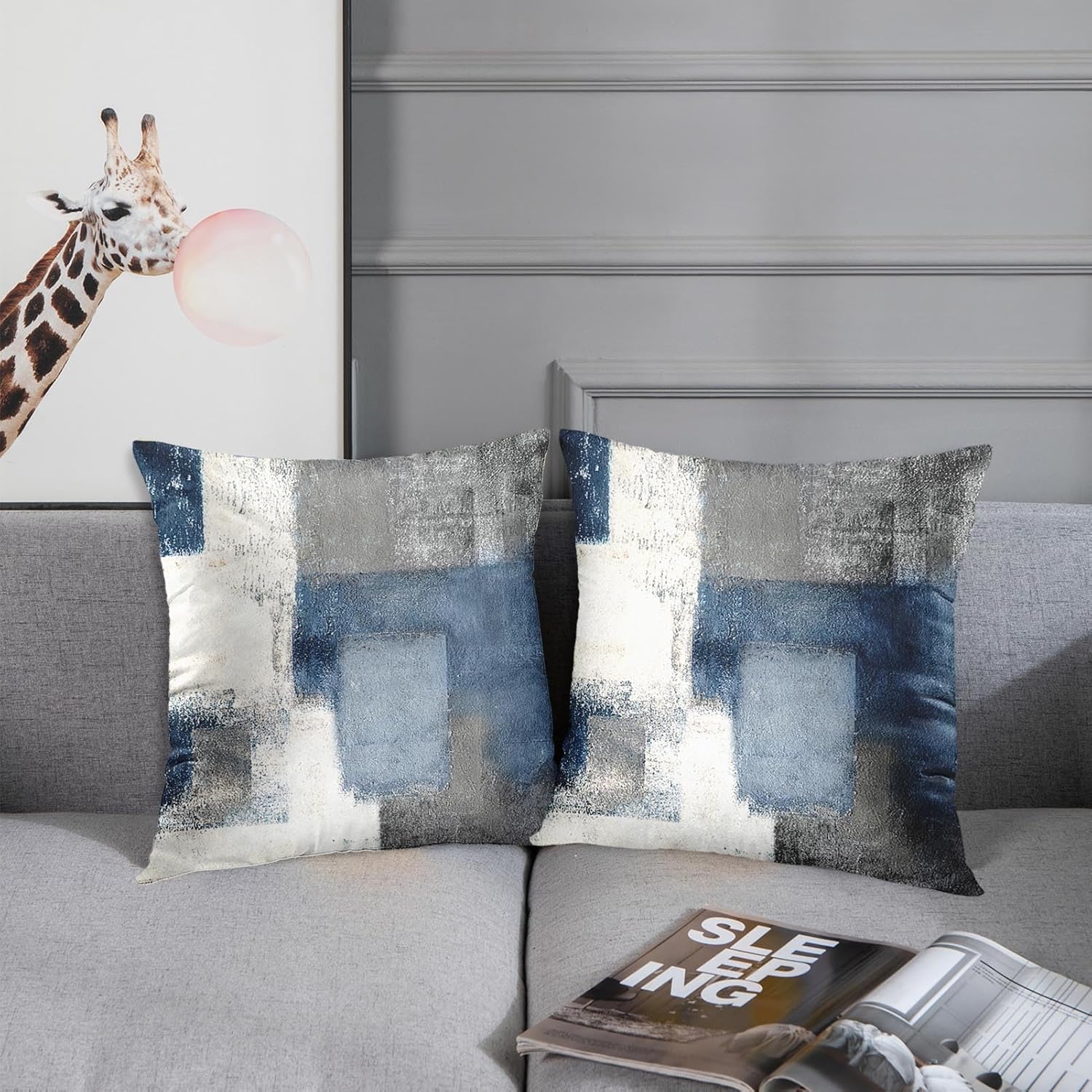 Emvency Set of 2 Throw Pillow Covers Modern Abstract Painting Blue White and Gray Decorative Sofa Pillow Cases Home Decor Standard Square 18x18 Inches Pillowcases