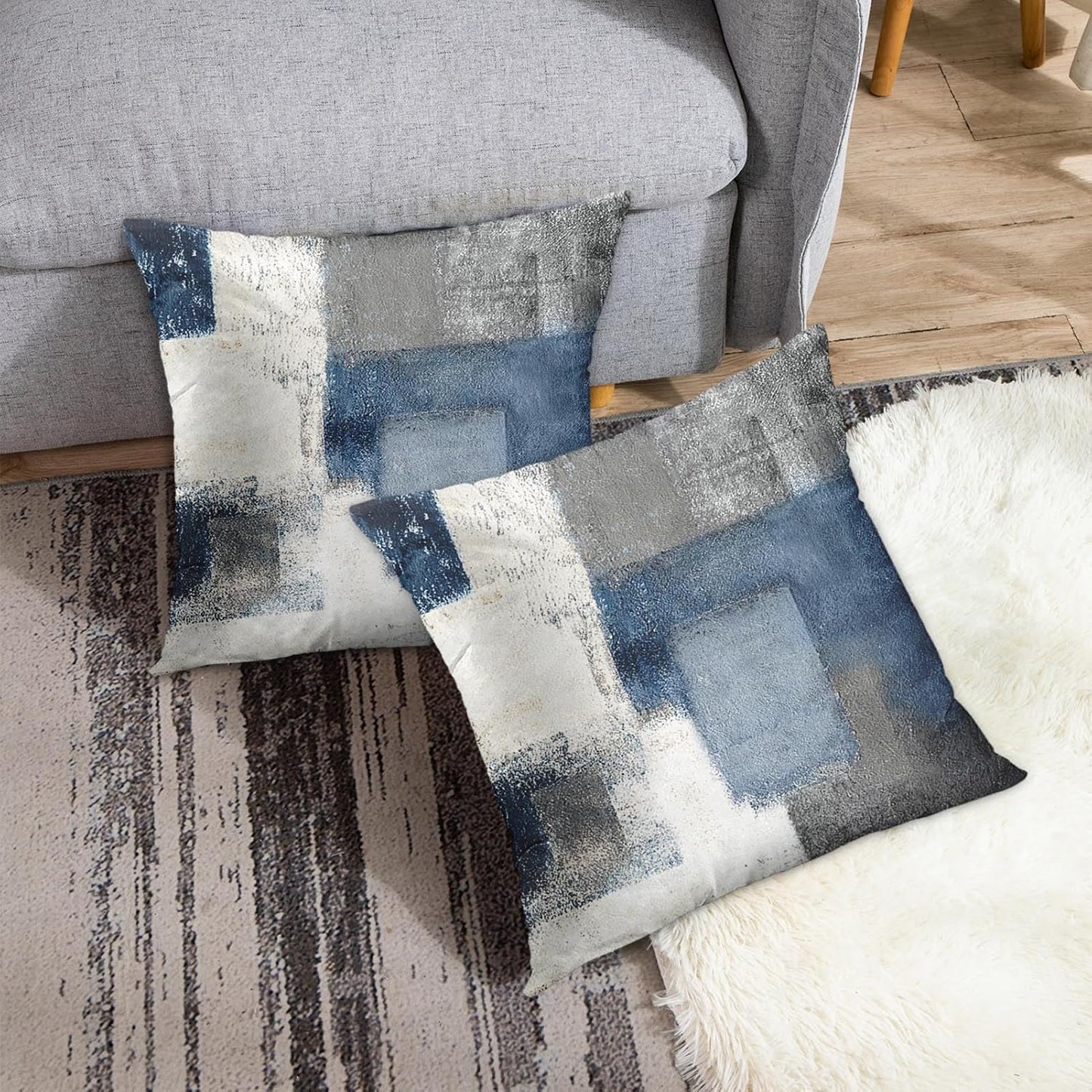 Emvency Set of 2 Throw Pillow Covers Modern Abstract Painting Blue White and Gray Decorative Sofa Pillow Cases Home Decor Standard Square 18x18 Inches Pillowcases