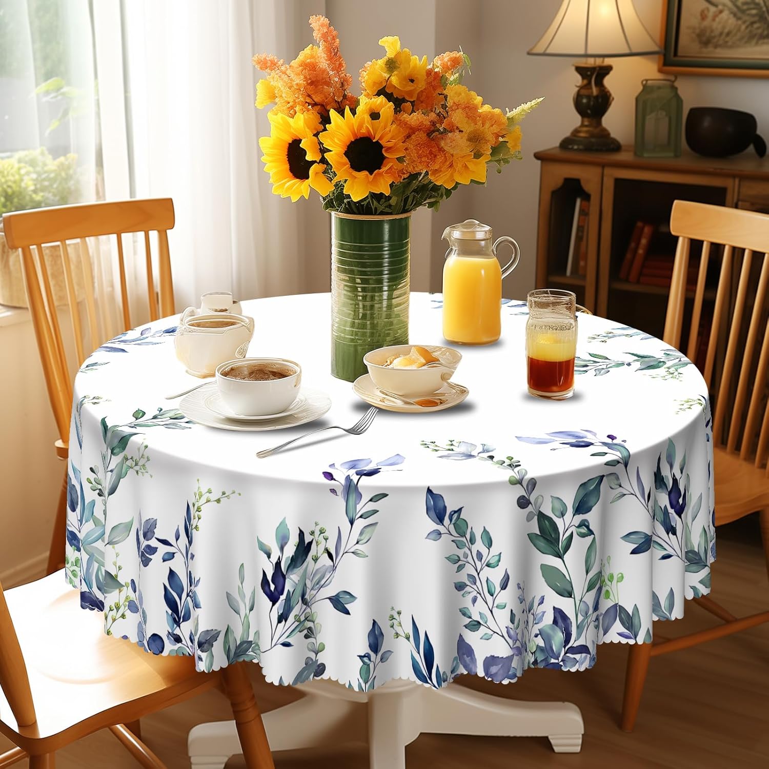 Round Tablecloth, Summer Tablecloths Polyester Waterproof Stain Wrinkle Free, Indoor and Outdoor Table Cover for Kitchen Party Dining Table