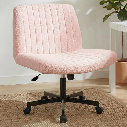 Chair Wheels Wide Cross Legged Office Desk Vanity Chair Comfy Fabric Armless Adjustable Swivel for Home Computer Task (Beige Wheel, Fabric)