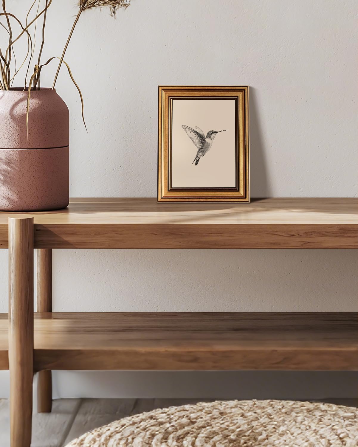 Vintage Gold Framed Wall Art, Sketch Birds Canvas Painting, Cute but Exquisite Wall Decor, No Glass No Glare, Suitable for Bedside Tables, Foyer, Bookshelves,【Hummingbird】-10L x 8W