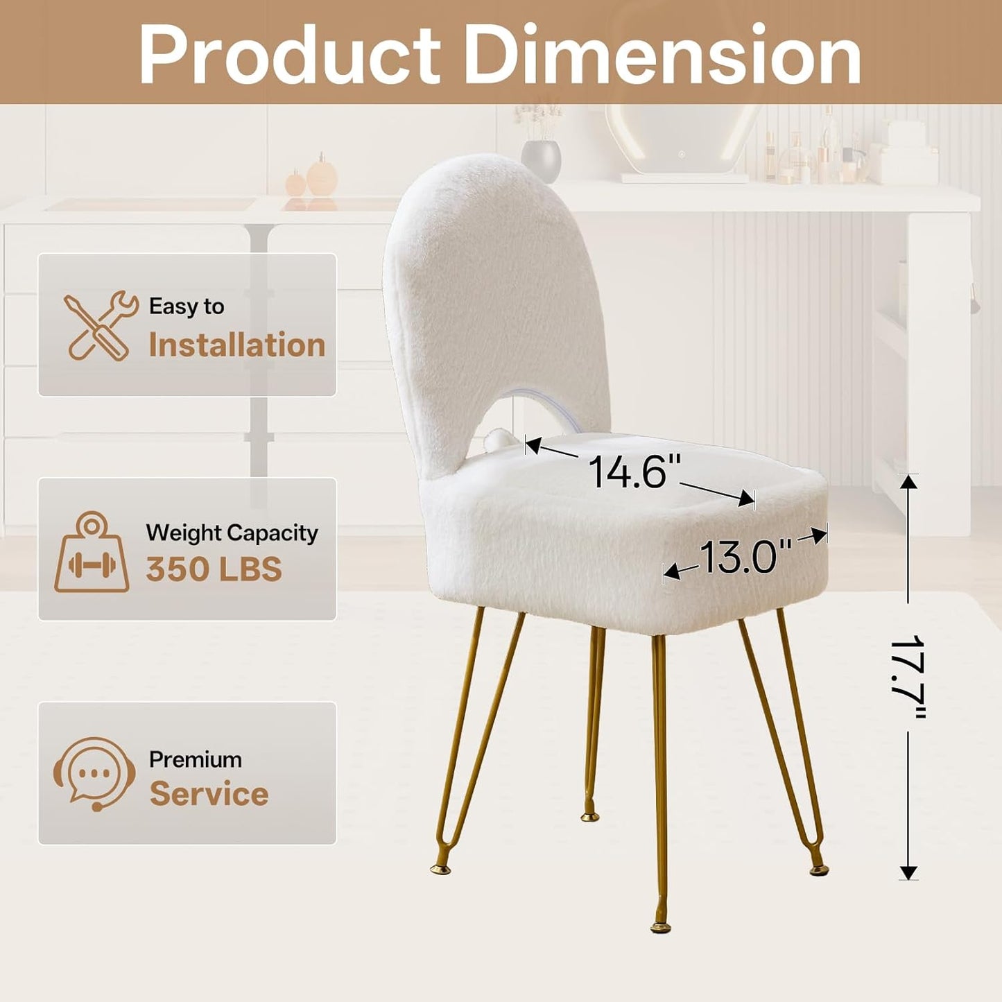 White Vanity Chair with Storage, Folding Back Faux Fur Vanity Stool, Makeup Ottoman with Gold Legs for Bedroom/Bathroom