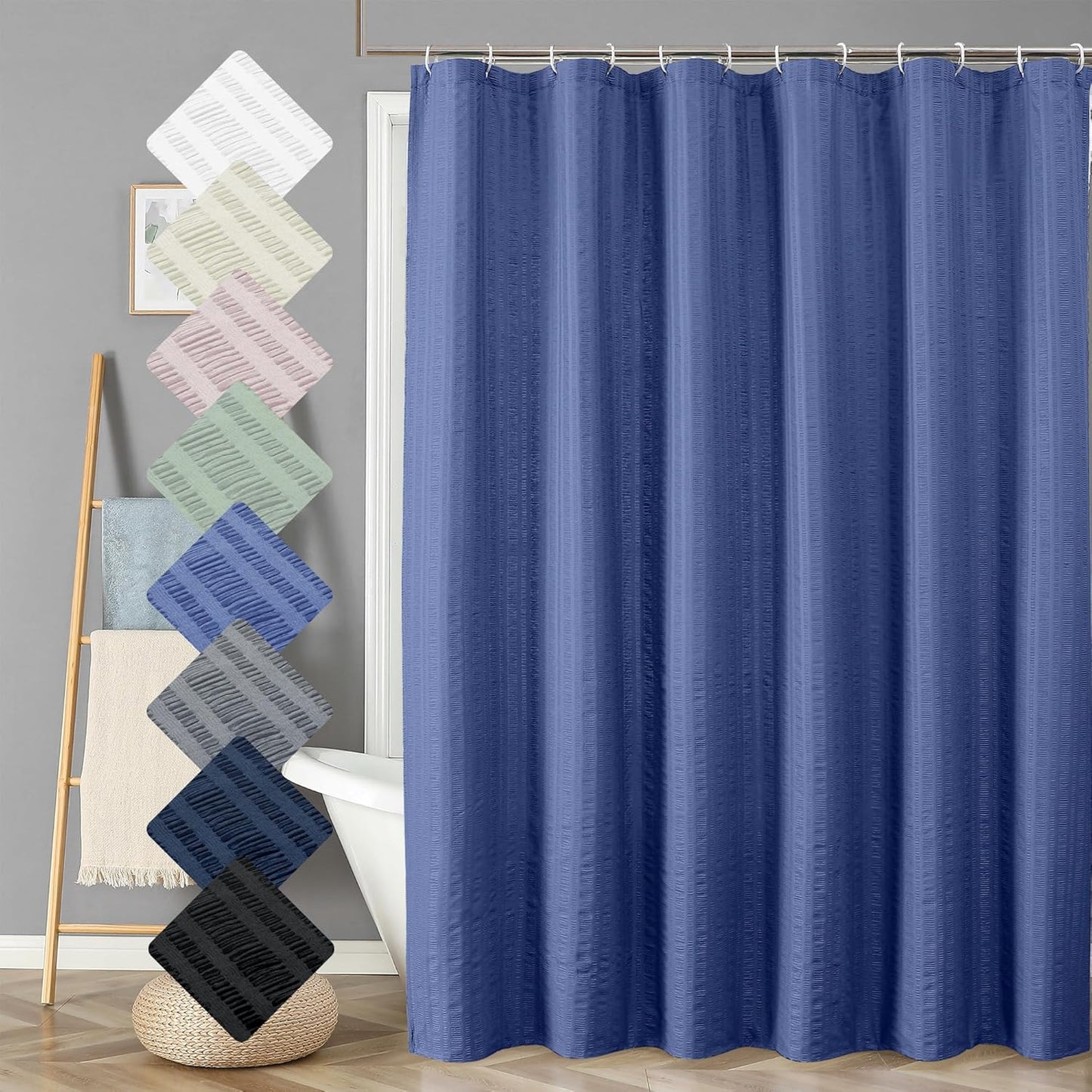 Moga Navy Blue Fabric Shower Curtains for Bathroom - Blue Hotel Spa Polyester Cloth Bath Curtain with 12 Holes, 72x72, Machine Washable, Navy Blue
