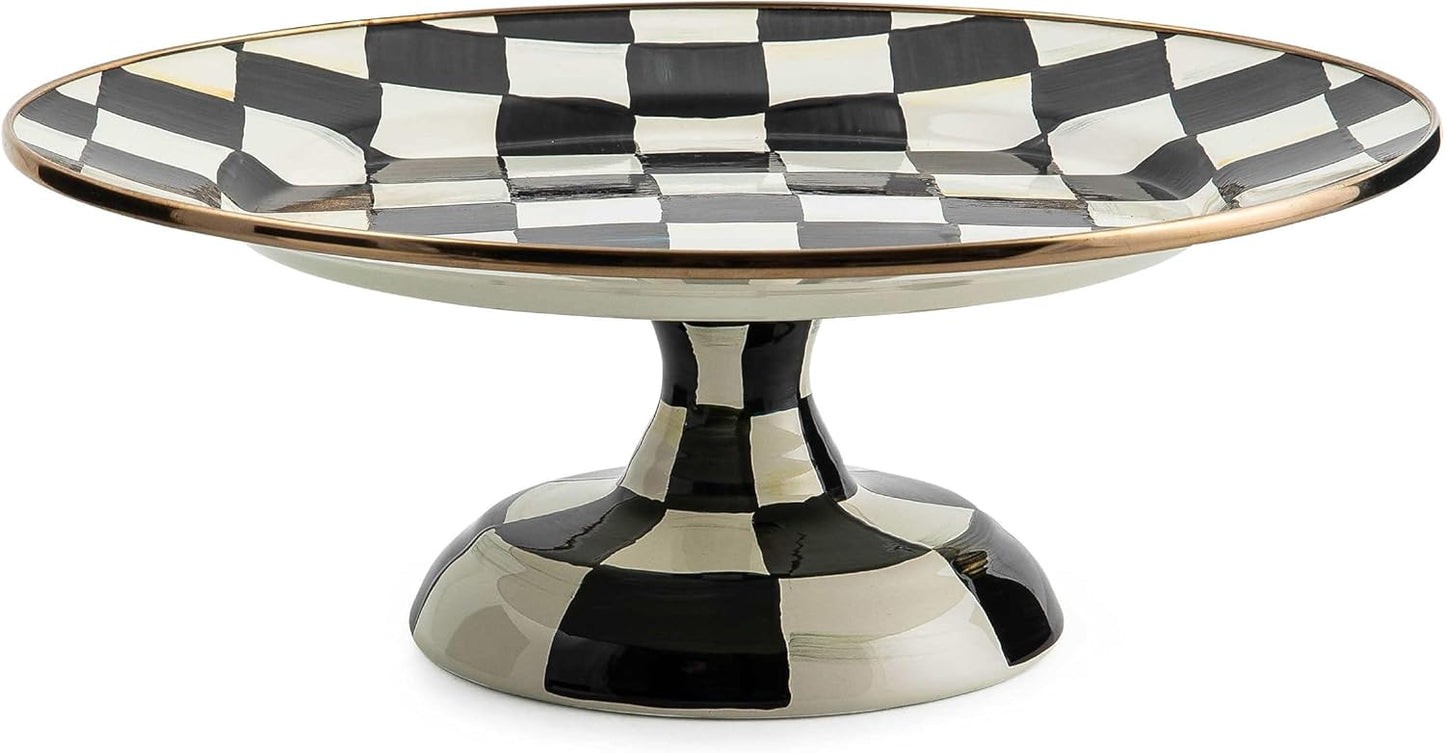 Enamel Pedestal Serving Platter, Decorative Serving Dish for Food, Mini, Black-and-White Courtly Check