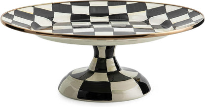 Enamel Pedestal Serving Platter, Decorative Serving Dish for Food, Mini, Black-and-White Courtly Check