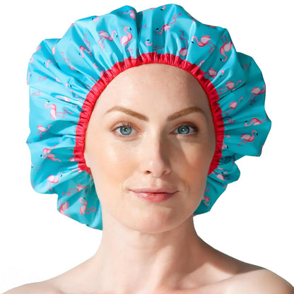 Reusable Bath & Shower Cap Lined, Oversized Waterproof Shower Caps Large Designed for all Hair Lengths with PEVA Lining & Elastic Band Stretch Hem Hair Hat - Fashionista Deco Dots