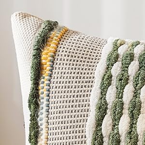 ANRODUO Pack of 2 Boho Decorative Throw Pillow Covers 18x18 Farmhouse Cushion Case Striped Chenille Pillow Cases Square Pillow Covers Accent Neutral Pillowcase for Sofa Couch Bed, Olive Green Stripe