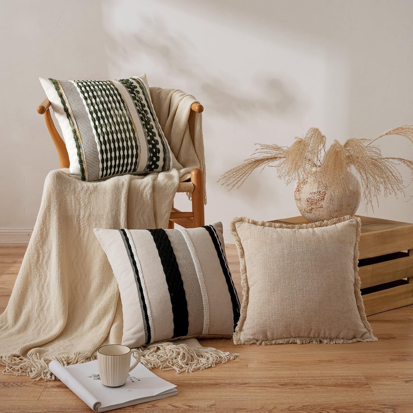 ANRODUO Pack of 2 Boho Decorative Throw Pillow Covers 18x18 Farmhouse Cushion Case Striped Chenille Pillow Cases Square Pillow Covers Accent Neutral Pillowcase for Sofa Couch Bed, Olive Green Stripe