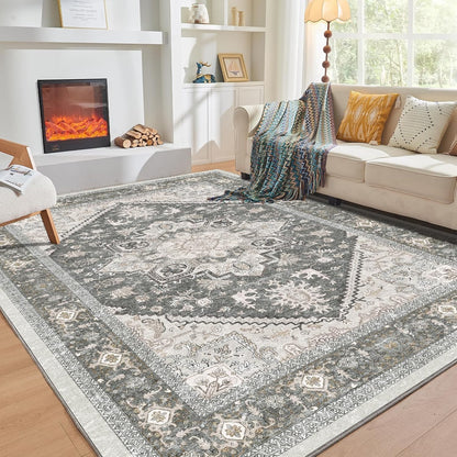 Soft Area Rugs 5x7, 5x7 Washable Rug with Non Slip Backing, 5 x 7 Faux Cashmere Low-Pile Carpet, Navy Blue & Gold