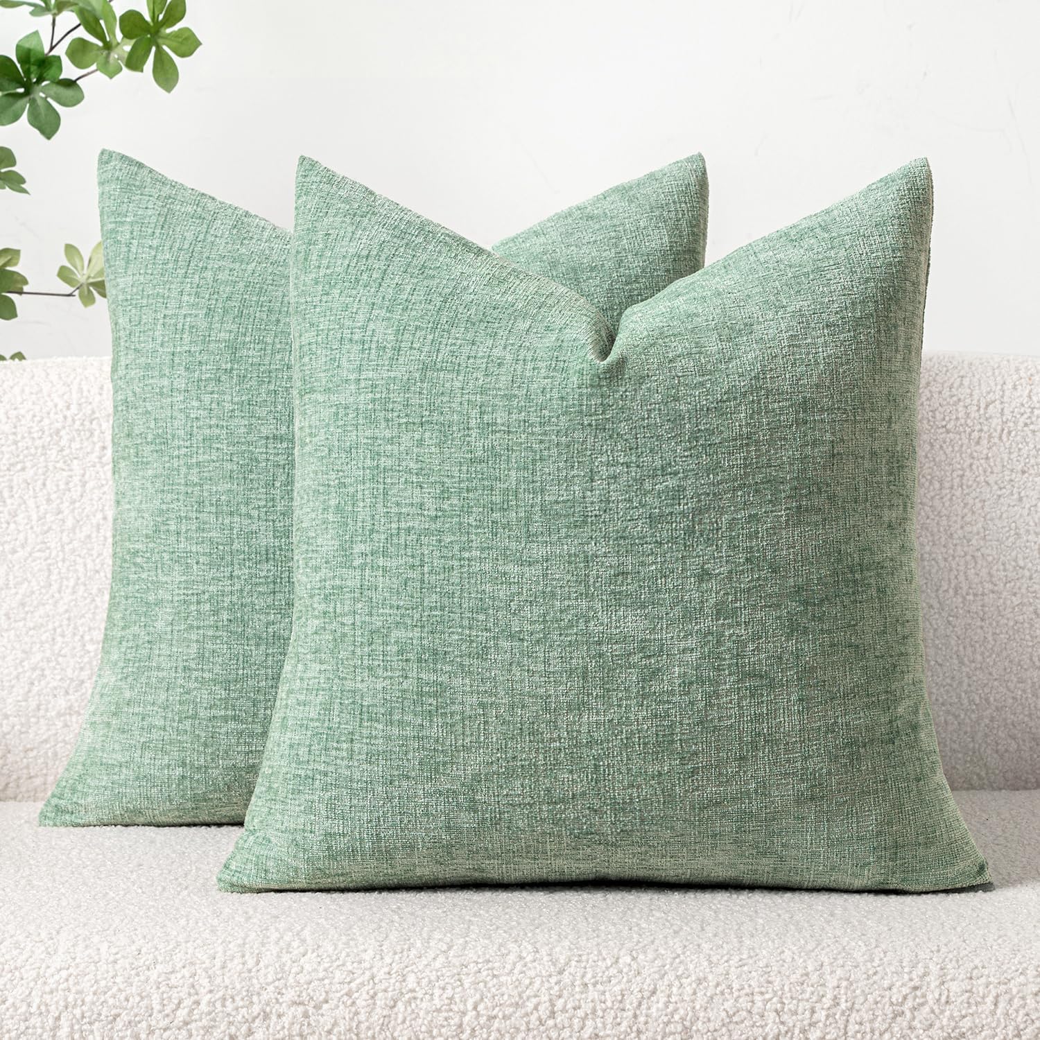 MIULEE Pack of 2 Couch Throw Pillow Covers 18x18 Inch Spring Soft Sage Green Chenille Pillow Covers for Sofa Living Room Solid Dyed Pillow Cases