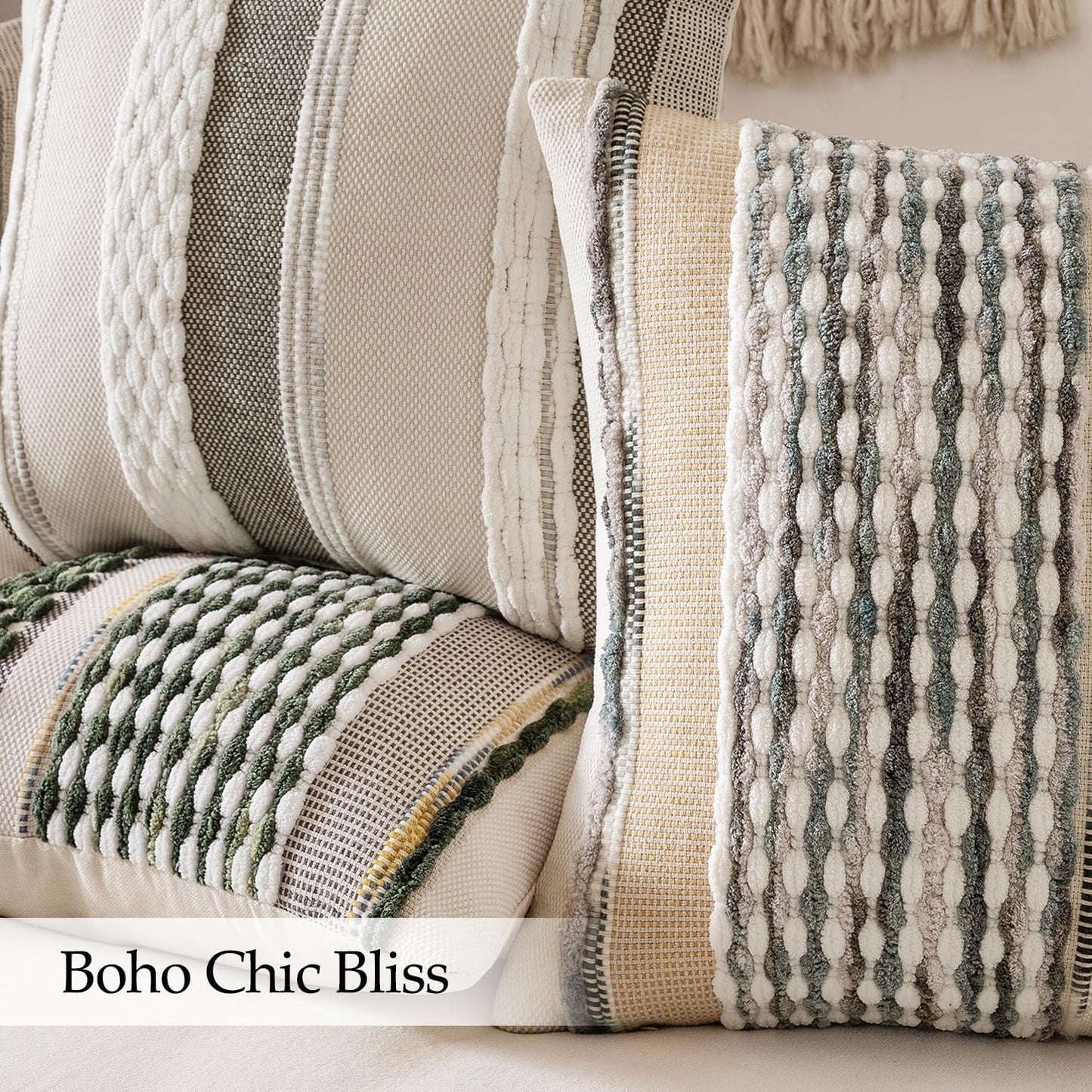 ANRODUO Pack of 2 Boho Decorative Throw Pillow Covers 18x18 Farmhouse Cushion Case Striped Chenille Pillow Cases Square Pillow Covers Accent Neutral Pillowcase for Sofa Couch Bed, Olive Green Stripe