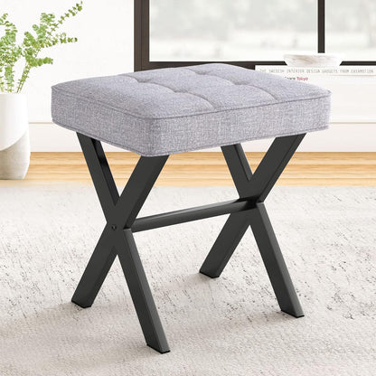 Vanity Stool, Square Linen Makeup Stool with Metal X Legs, Small Ottoman Stool Chair for Vanity, Modern Padded Vanity Seat Foot Rest Stool for Makeup Room, Living Room, Bathroom, Carbon Gray