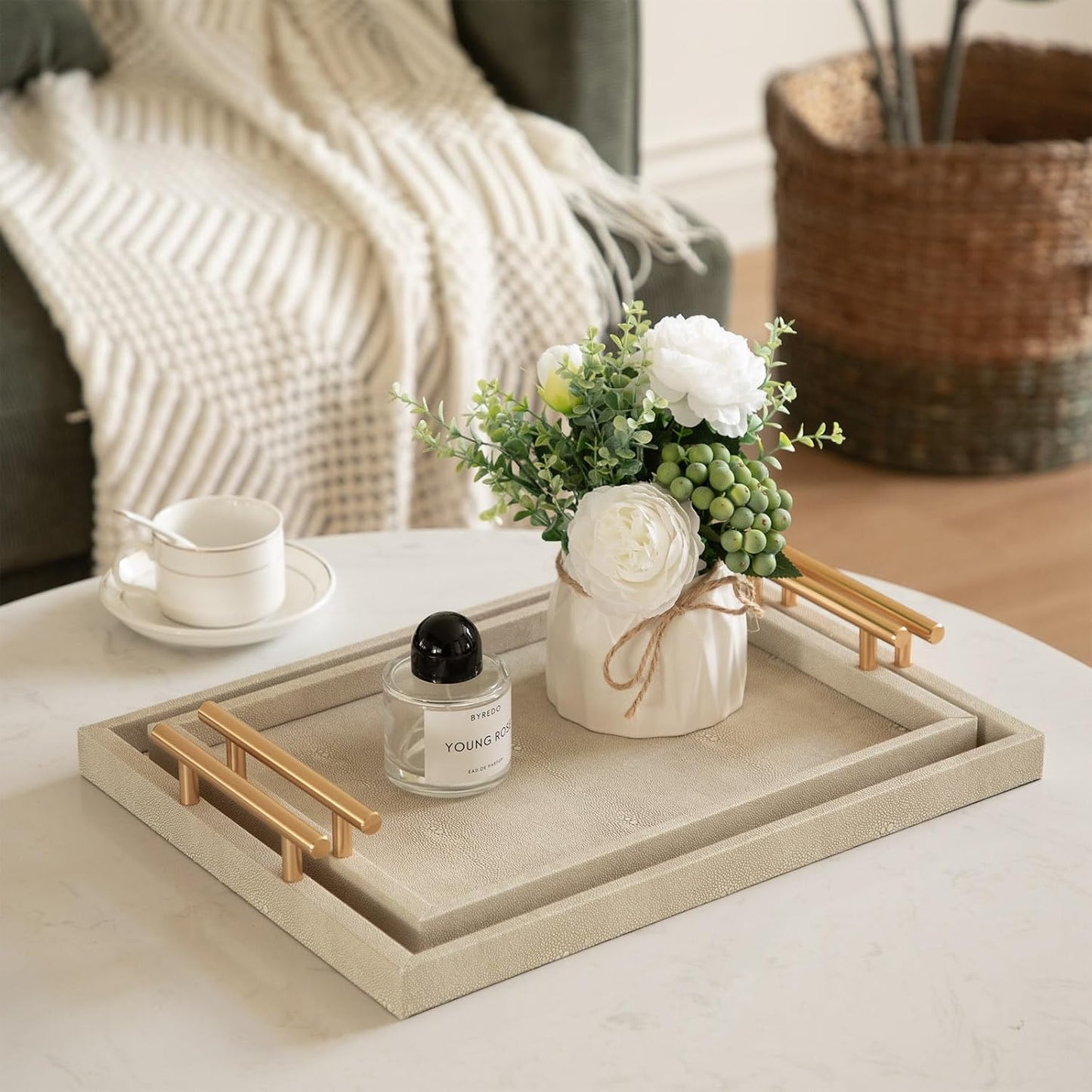 Modern Decorative Tray Set of 2 Ivory Shagreen Leather and Wood Serving Tray with Gold Polished Metal Handles for Ottoman, Coffee Table, Bathroom and More