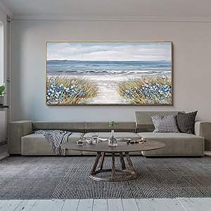 Framed Wall Art for Living Room Decor - Farmhouse Boho Beach Coastal Vintage Floral Ocean Wall Picture Flowers Sea Canvas Print Seascape Artwork for Home Living Room Bedroom Office 24x48