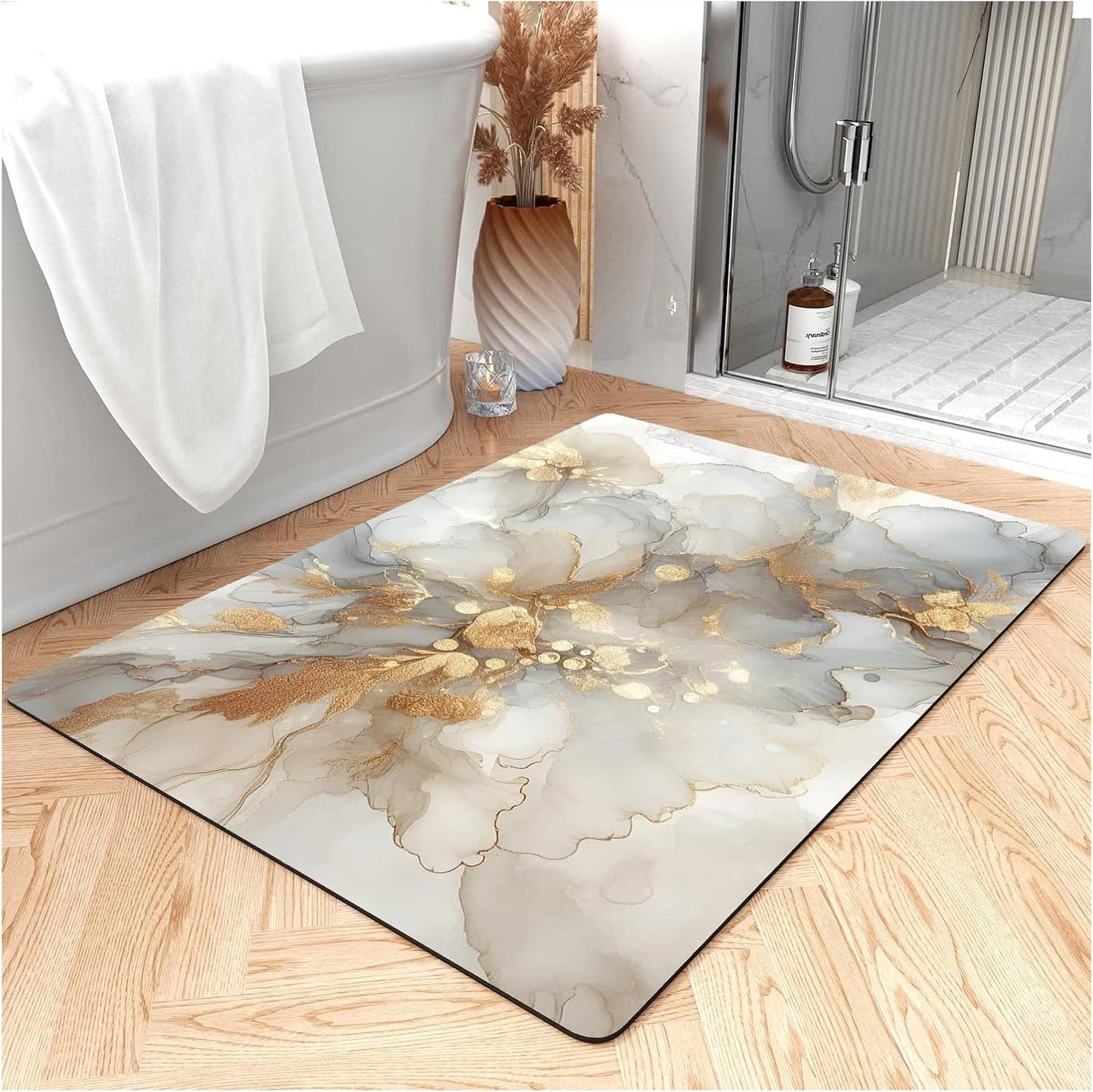 Thin Bath Mat, Diatomaceous Earth Shower Mat Non Slip Instantly Removes Water Drying Fast Bathroom Mat Modern Abstract Wave Marble Texture Easy to Clean (3x5ft/36x60in/90x150cm, Pink)