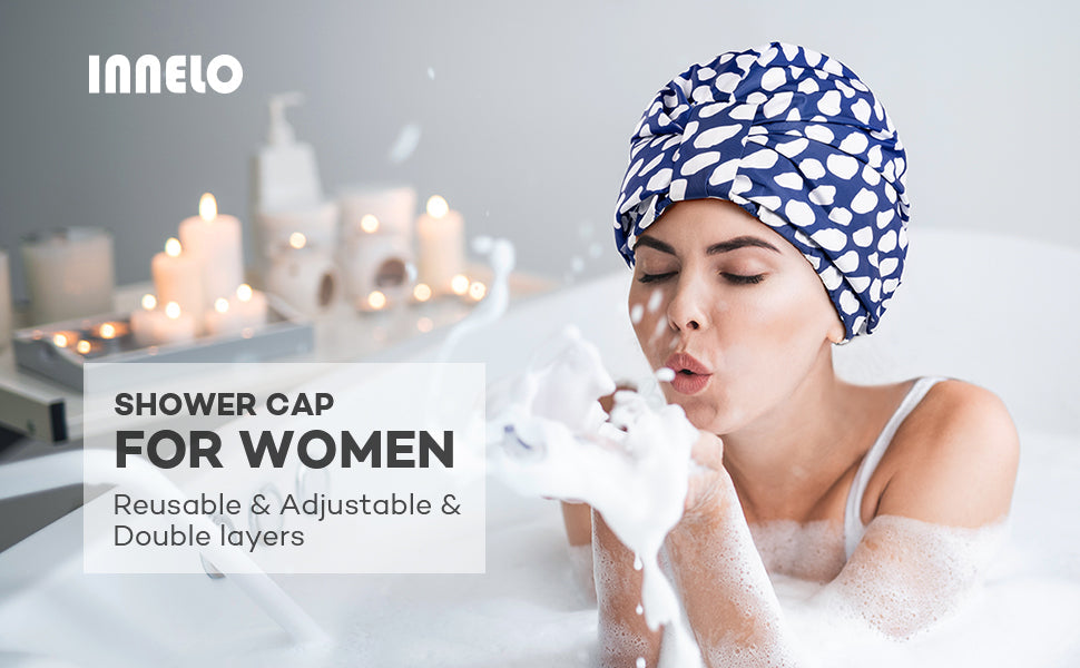 Luxury Shower Cap for Women Reusable Waterproof, Double Layered Shower Hair Cap with Adjustable Elastic Strap, Large Satin Lined Shower Bath Cap for Long Curly Straight Hair, Blue