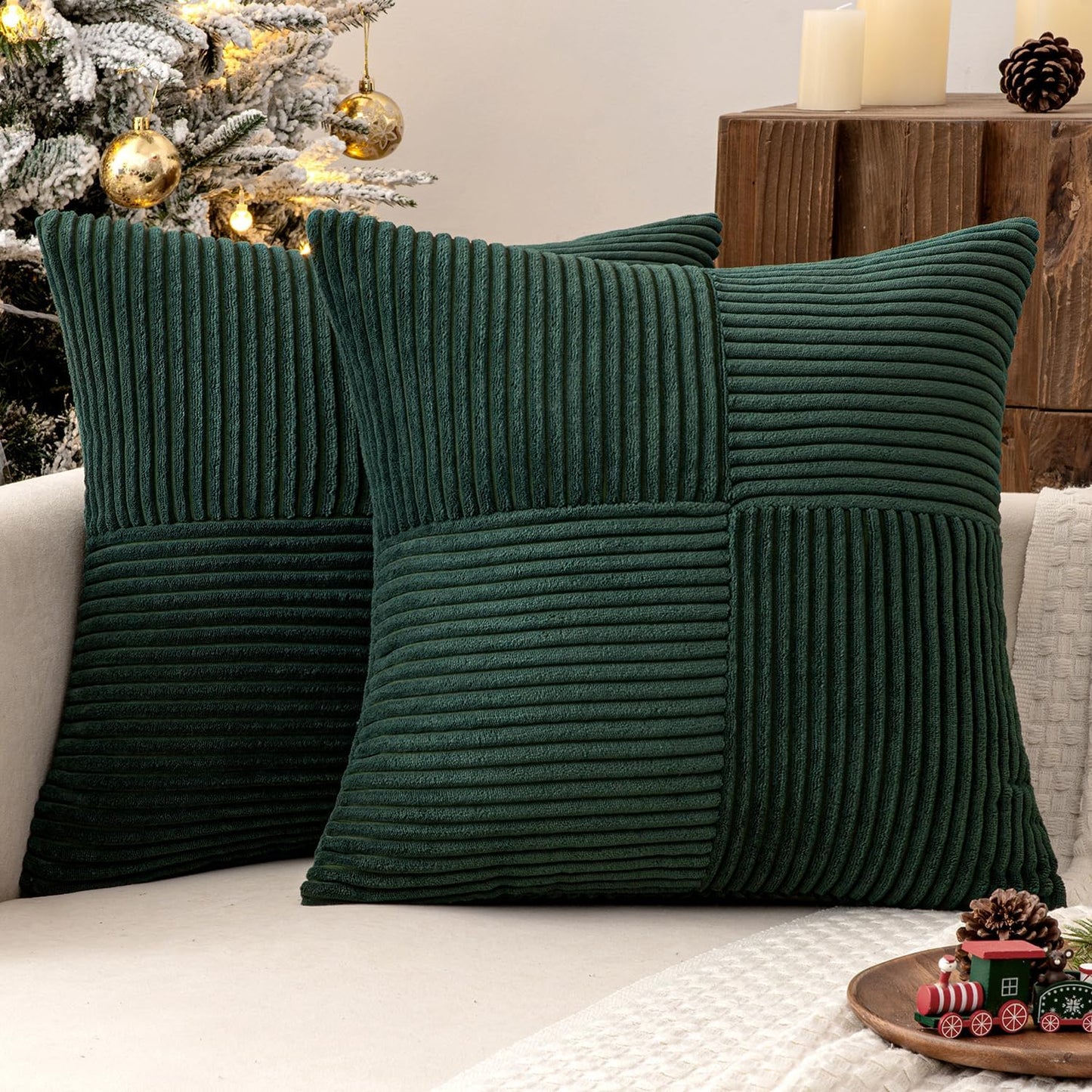 Black Decorative Throw Pillow Covers 18x18 Inch for Couch Bed Sofa Pack of 2 Boho Farmhouse Throw Pillows Soft Cross Corduroy Patchwork Textured Cushion Cases