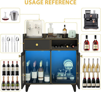 COCO DESIGN Small Wine Cabinet with Glass Doors, Modern Liquor Bar Cabinet with LED Light for Alcohol, Farmhouse Buffet Coffee Sideboard with Storage for Kitchen, Black