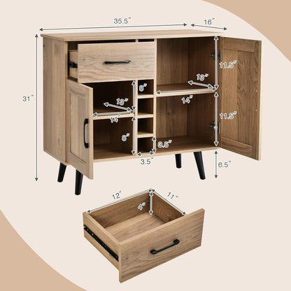 Giantex Bar Cabinet, Buffet Sideboard for 6 Wine Bottles, Wood Pantry Cupboard with Storage Drawer, 2 Door Cabinets, Anti-Toppling Devices, Credenza Organizer for Living Room Kitchen (Oak)