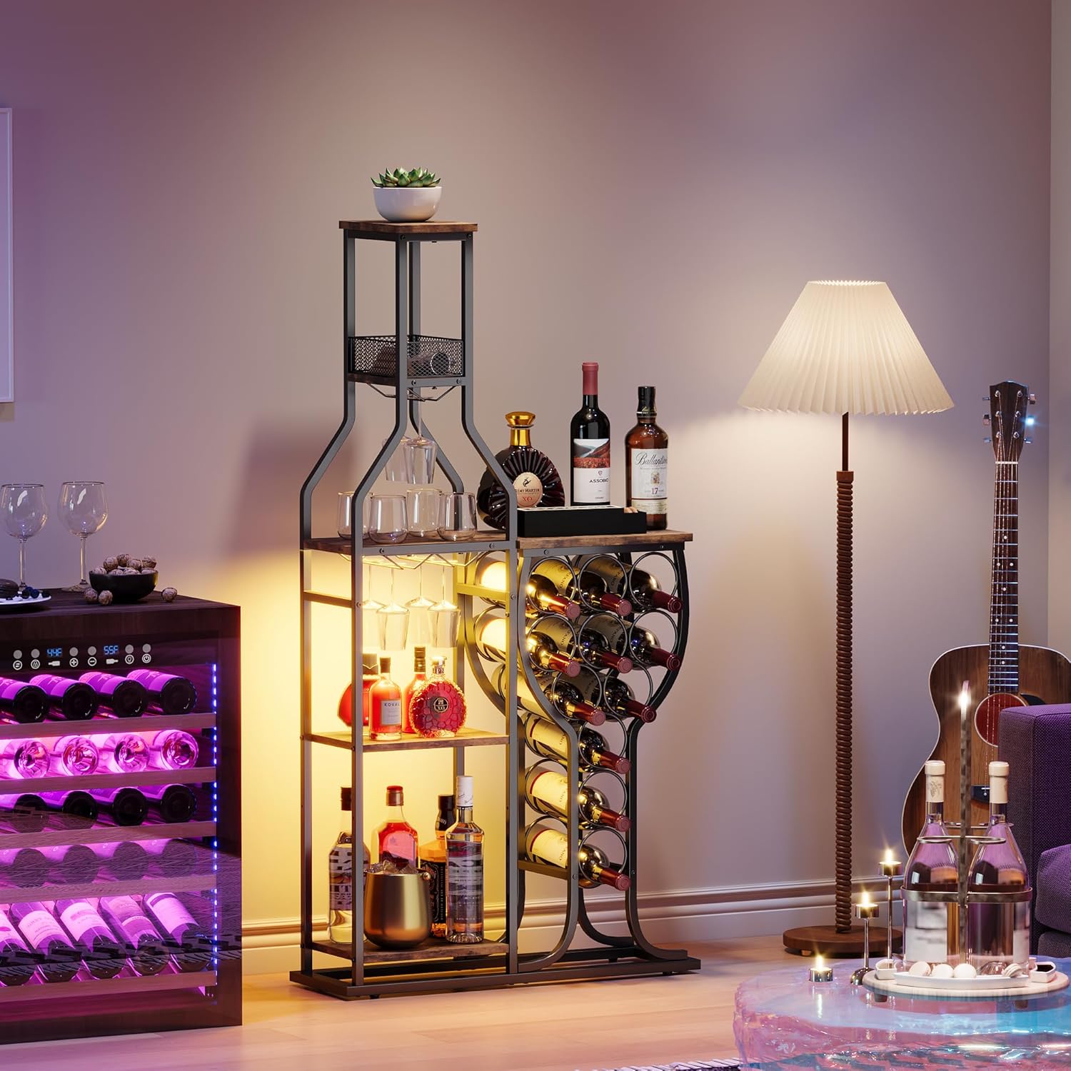 HavenlyYouth Liquor Cabinet for Home Bar, 5-Tier Wine Rack Freestanding Floor with Wine Glass Holder, Mini Bar Stand with 11 Wine Bottles, Bar Table with Storage for Living Room, Kitchen