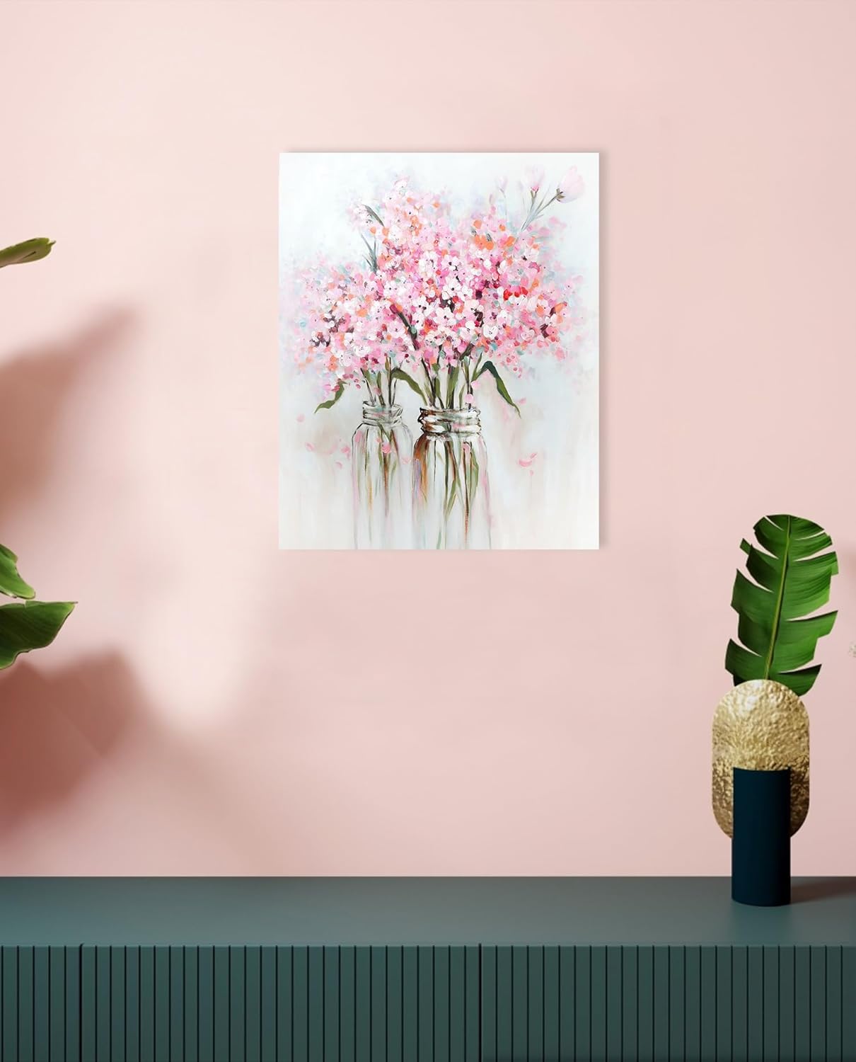 Pink Flowers Canvas Wall Art: Abstract Bouquet in Vase Artwork Prints for Teen Girl Bedroom Pink Floral Picture Poster Bathroom Decor 12" x 15"