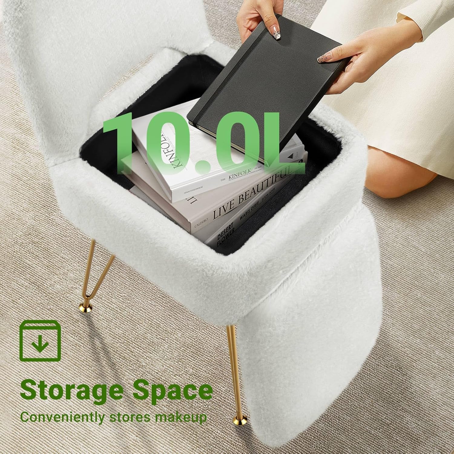 Small Vanity Stool Chair with Storage and Folding Back, 13.4" x 15" x 30" Square Faux Fur Soft Ottoman, 4 Metal Legs with Anti-Slip Feet, Furry Padded Seat for Makeup, Bedroom, White