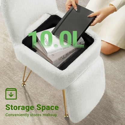 Small Vanity Stool Chair with Storage and Folding Back, 13.4" x 15" x 30" Square Faux Fur Soft Ottoman, 4 Metal Legs with Anti-Slip Feet, Furry Padded Seat for Makeup, Bedroom, White