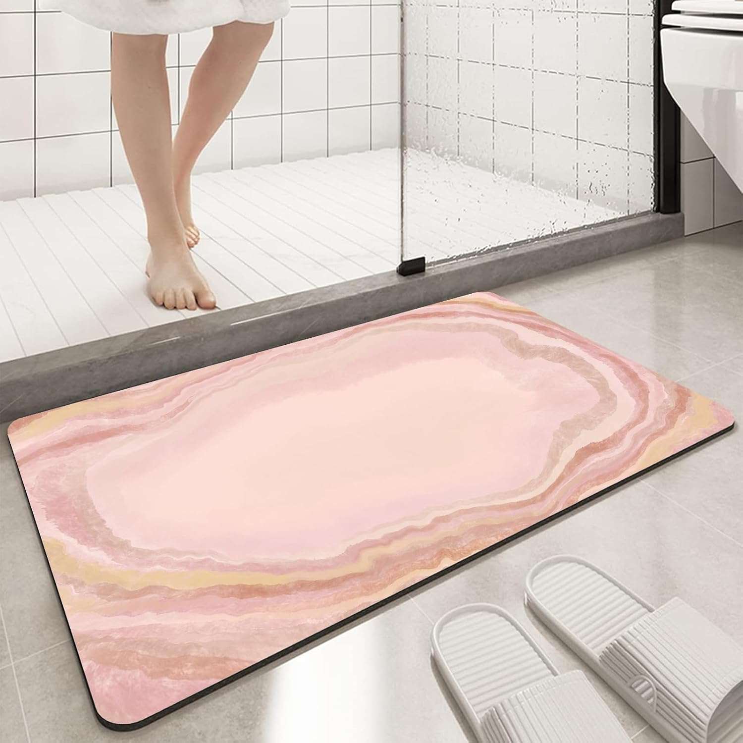 Thin Bath Mat, Diatomaceous Earth Shower Mat Non Slip Instantly Removes Water Drying Fast Bathroom Mat Modern Abstract Wave Marble Texture Easy to Clean (3x5ft/36x60in/90x150cm, Pink)