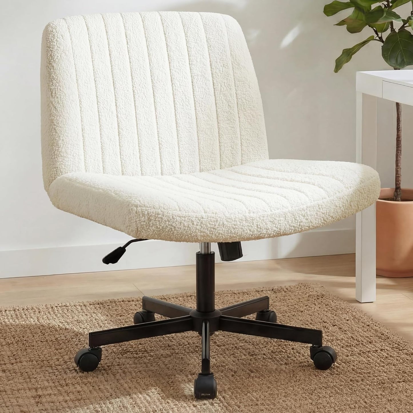 Chair Wheels Wide Cross Legged Office Desk Vanity Chair Comfy Fabric Armless Adjustable Swivel for Home Computer Task (Beige Wheel, Fabric)