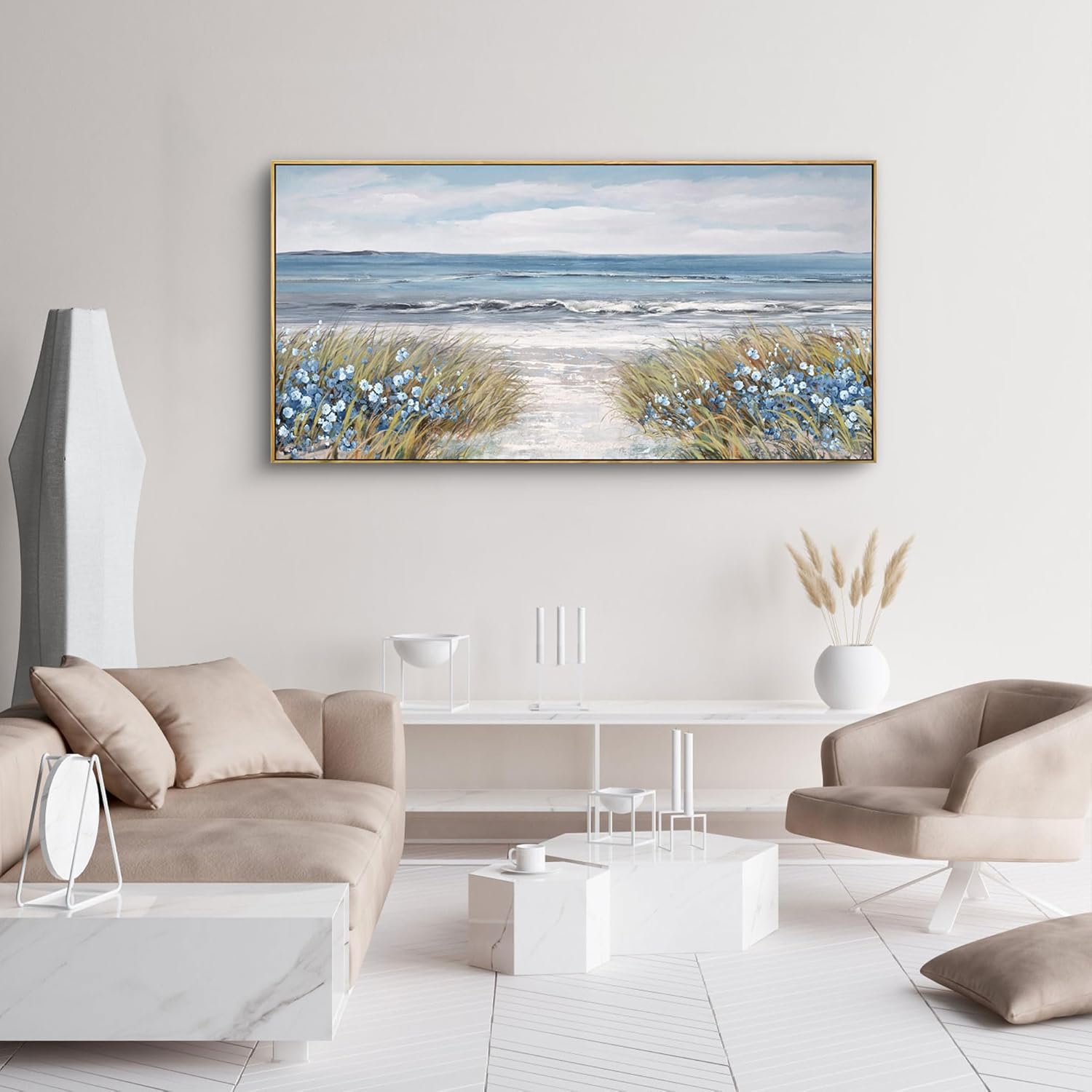 Framed Wall Art for Living Room Decor - Farmhouse Boho Beach Coastal Vintage Floral Ocean Wall Picture Flowers Sea Canvas Print Seascape Artwork for Home Living Room Bedroom Office 24x48