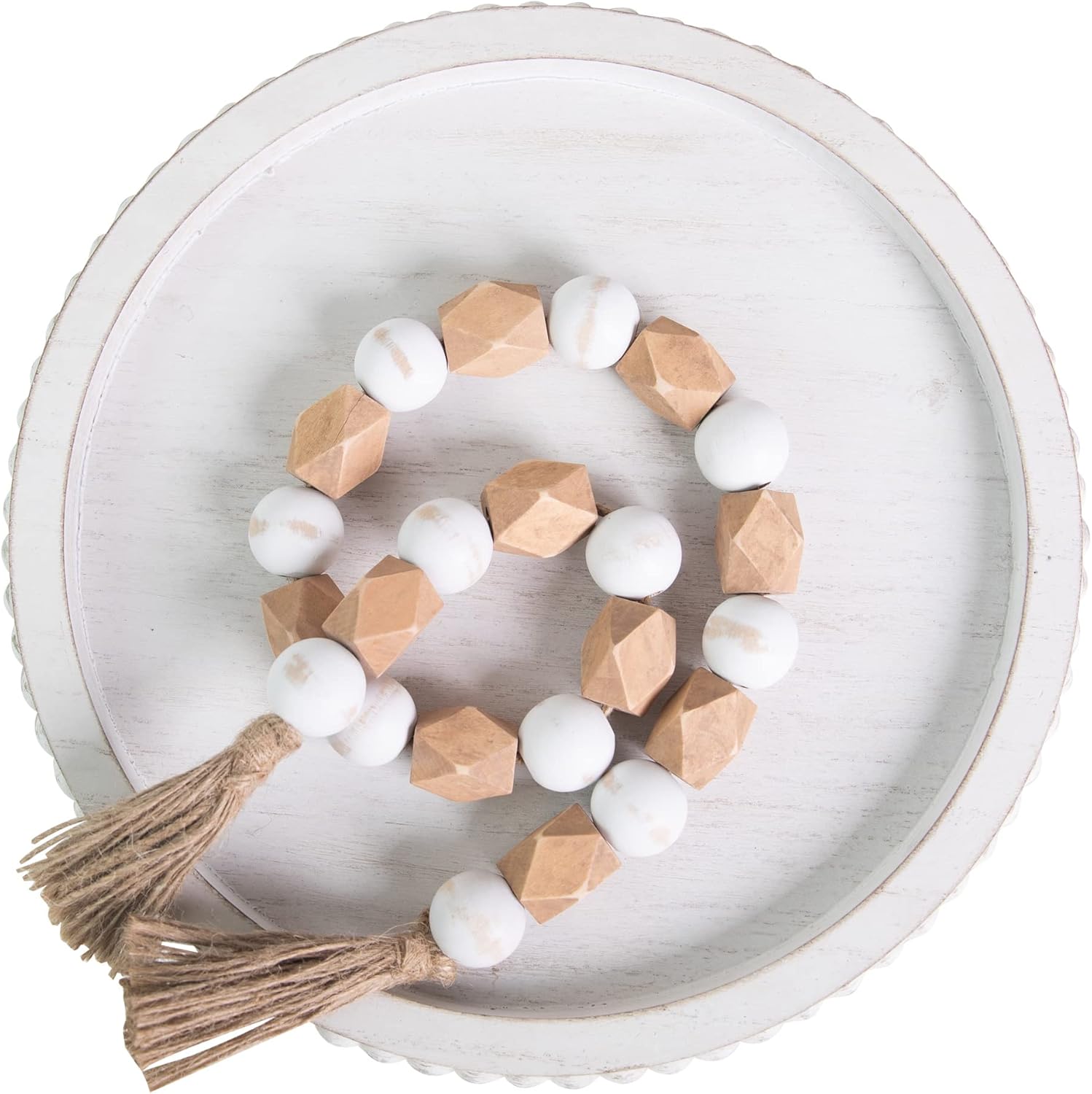 12in Round Wood Tray - White, Distressed, Farmhouse Rustic - Decorative Tray for Living Room, Coffee Table, Kitchen Table or Farmhouse Serving Tray
