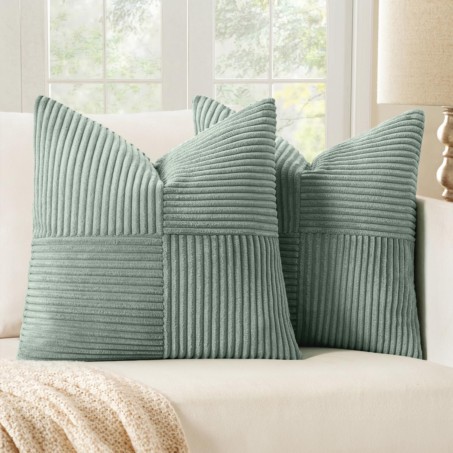 Black Decorative Throw Pillow Covers 18x18 Inch for Couch Bed Sofa Pack of 2 Boho Farmhouse Throw Pillows Soft Cross Corduroy Patchwork Textured Cushion Cases