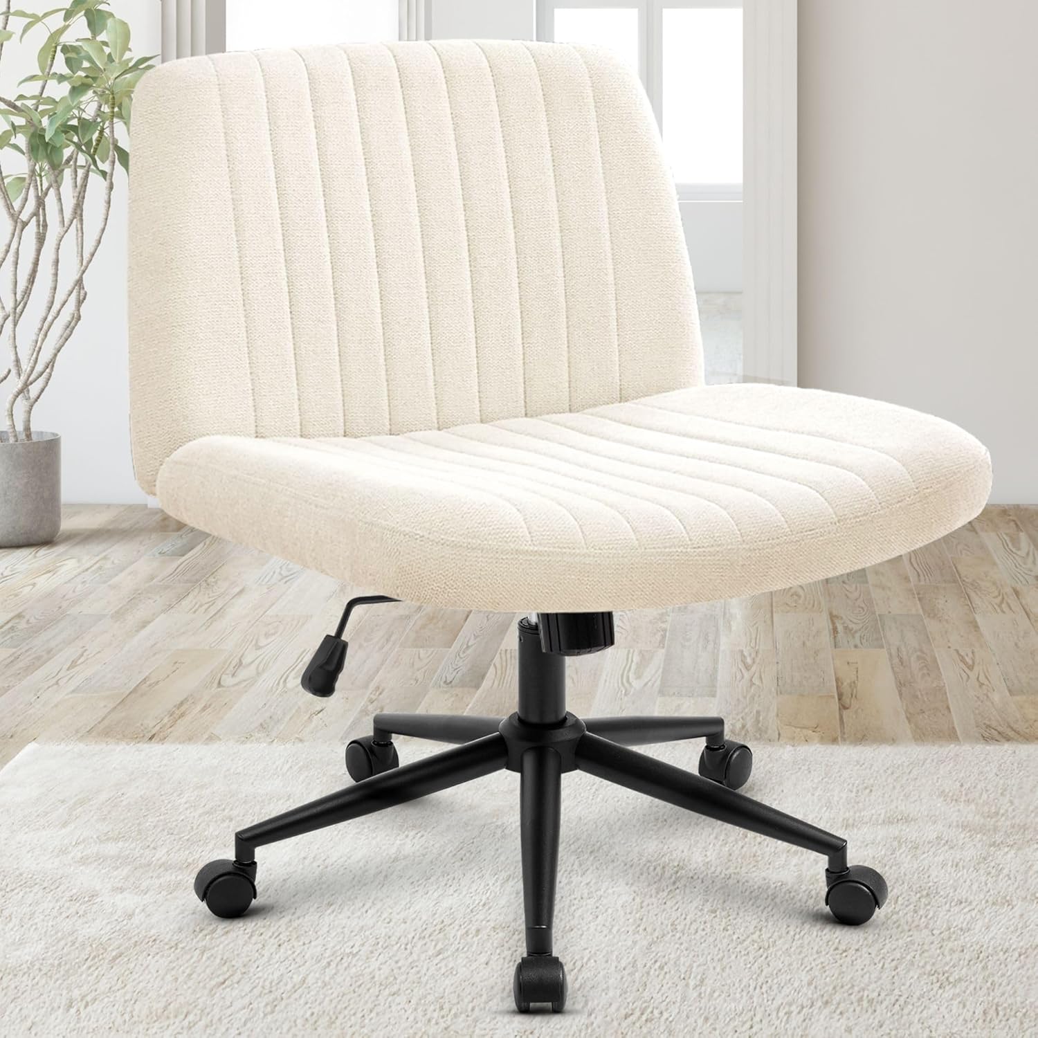 Chair Wheels Wide Cross Legged Office Desk Vanity Chair Comfy Fabric Armless Adjustable Swivel for Home Computer Task (Beige Wheel, Fabric)