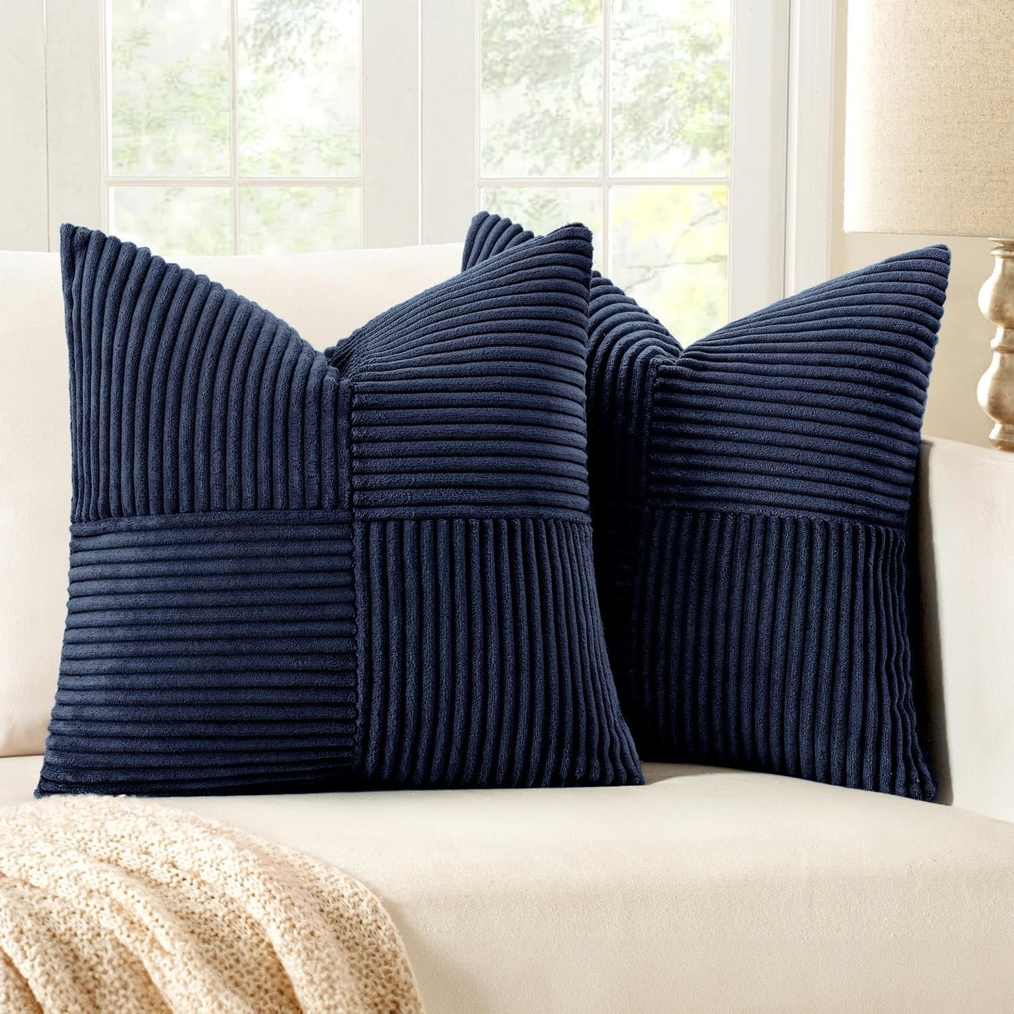 Black Decorative Throw Pillow Covers 18x18 Inch for Couch Bed Sofa Pack of 2 Boho Farmhouse Throw Pillows Soft Cross Corduroy Patchwork Textured Cushion Cases