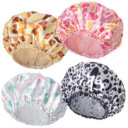 4 PCS Shower Caps for Women, Elastic and Reusable Bath Caps, Double Waterproof Layers Shower Cap, Bathing Shower Caps, Environmental Protection Hair Bath Hat - Printed Color