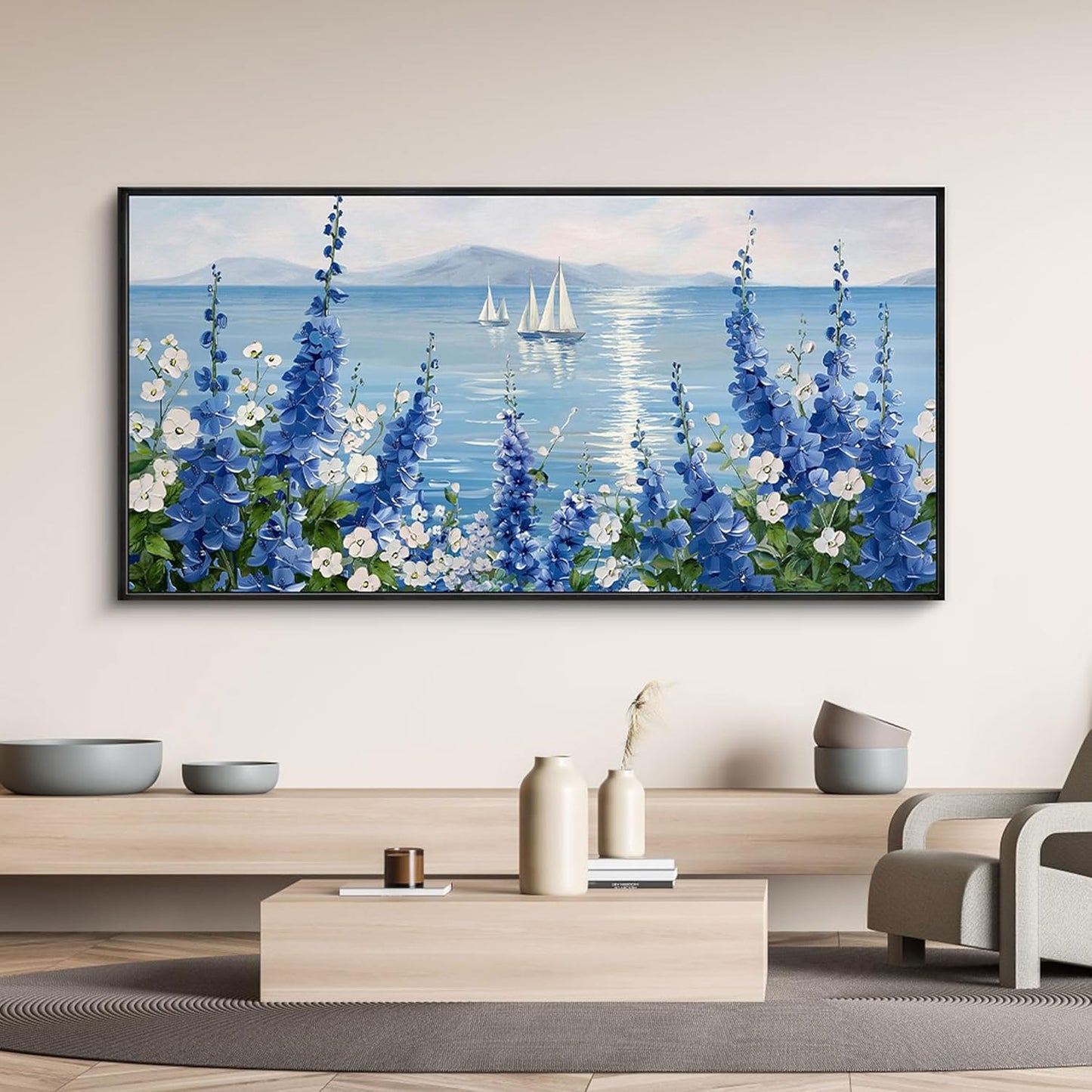 Framed Wall Art for Living Room Decor - Farmhouse Boho Beach Coastal Vintage Floral Ocean Wall Picture Flowers Sea Canvas Print Seascape Artwork for Home Living Room Bedroom Office 24x48