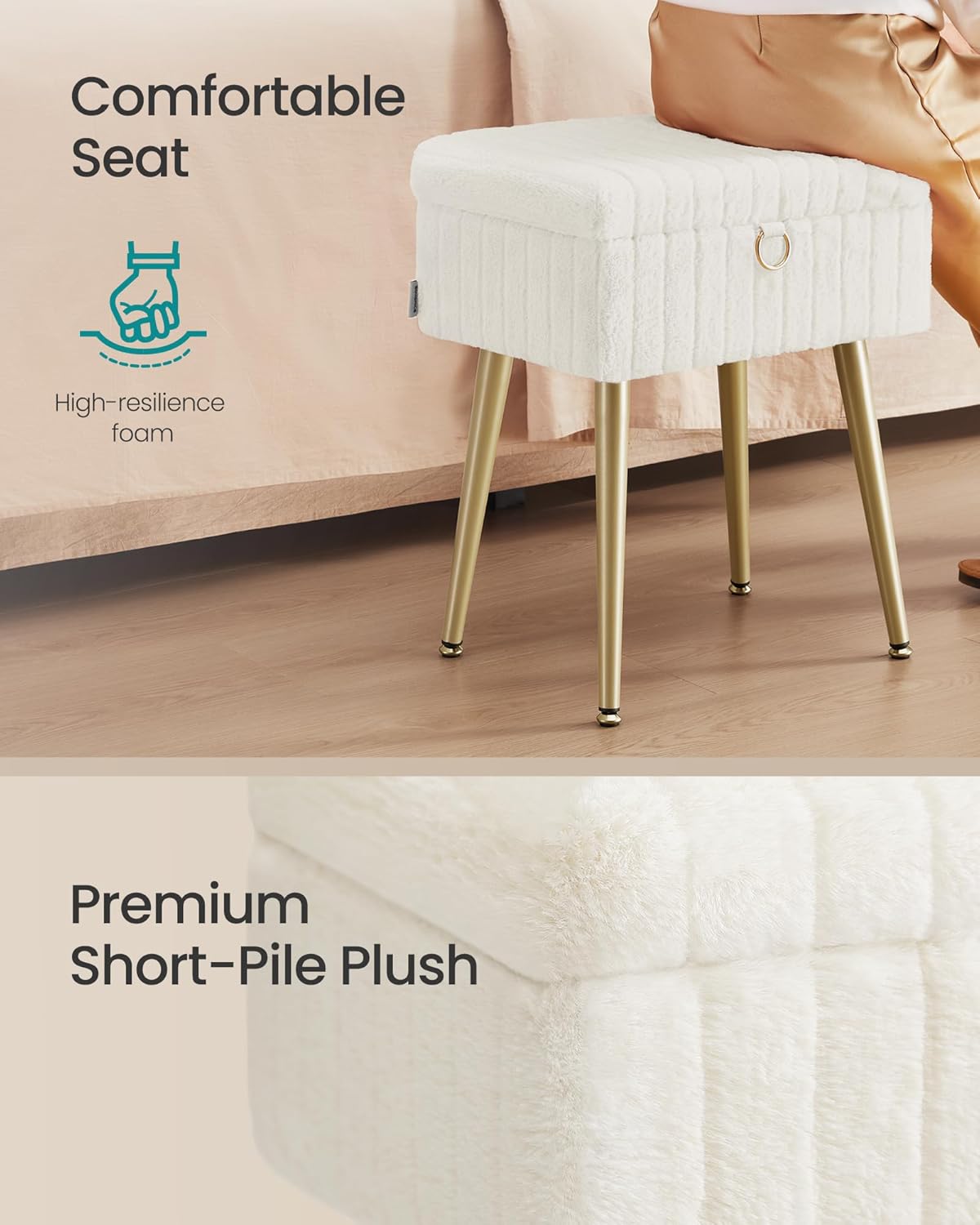 Vanity Stool Chair Faux Fur with Storage, Vanity Bench, Metal Legs, Adjustable Feet, for Living Room, Bedroom, Makeup Room, Cream White ULOM505WZ02