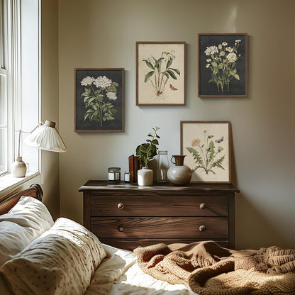 Framed Vintage Botanical Wall Art Bedroom, 4 Piece Rustic Farmhouse Floral Canvas Prints Artwork, Neutral Flower Butterfly Pictures for Modern Farmhouse Living Room Kitchen Bathroom Wall Decor, 11x14