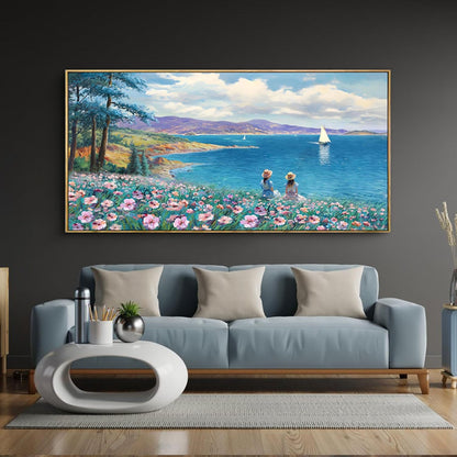 Framed Wall Art for Living Room Decor - Farmhouse Boho Beach Coastal Vintage Floral Ocean Wall Picture Flowers Sea Canvas Print Seascape Artwork for Home Living Room Bedroom Office 24x48